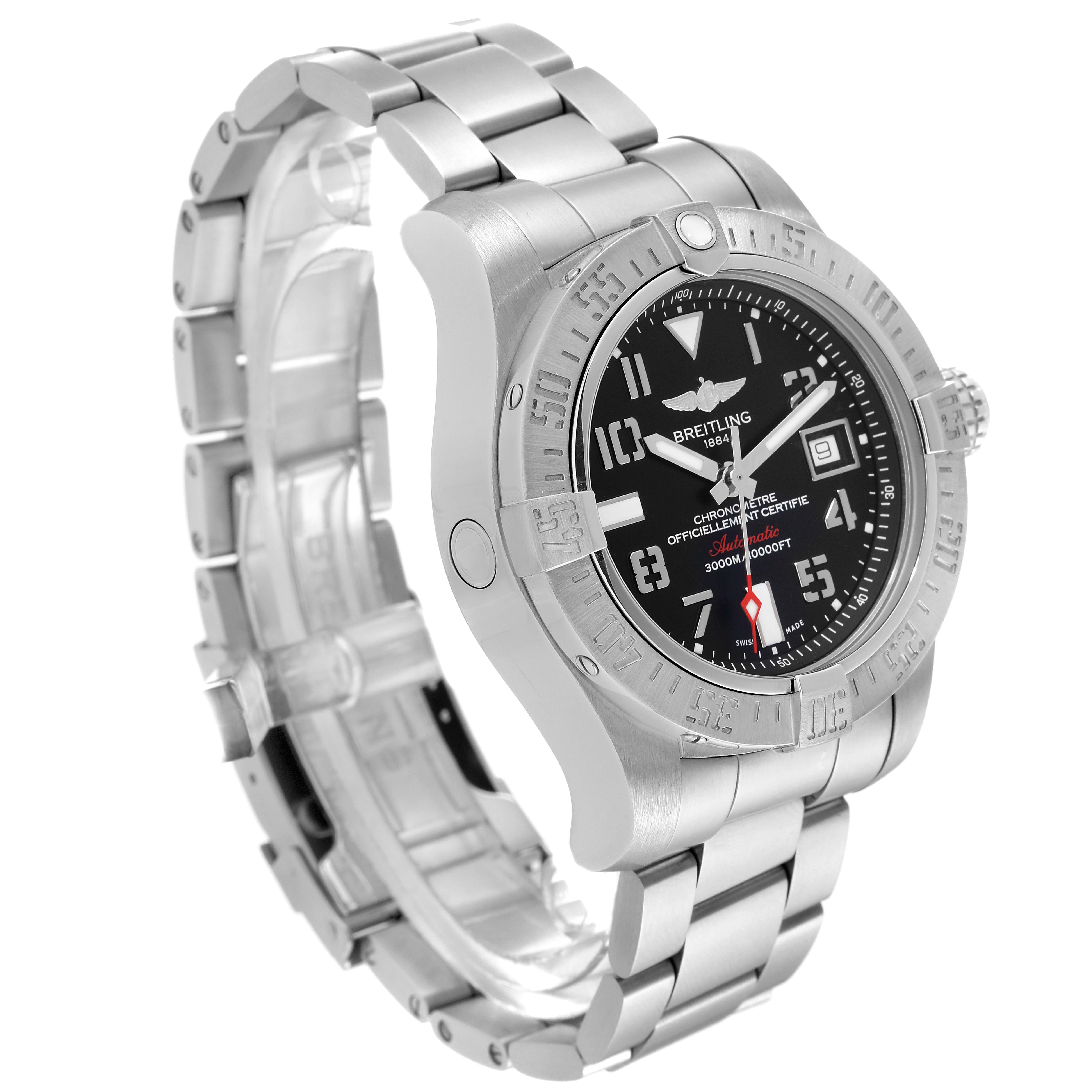 The image shows a front-side angle of the Breitling Avenger A17331 Men's Stainless Steel Black Dial A17331 Men's Stainless Steel Black Dial watch, highlighting the dial, bezel, and metal bracelet.