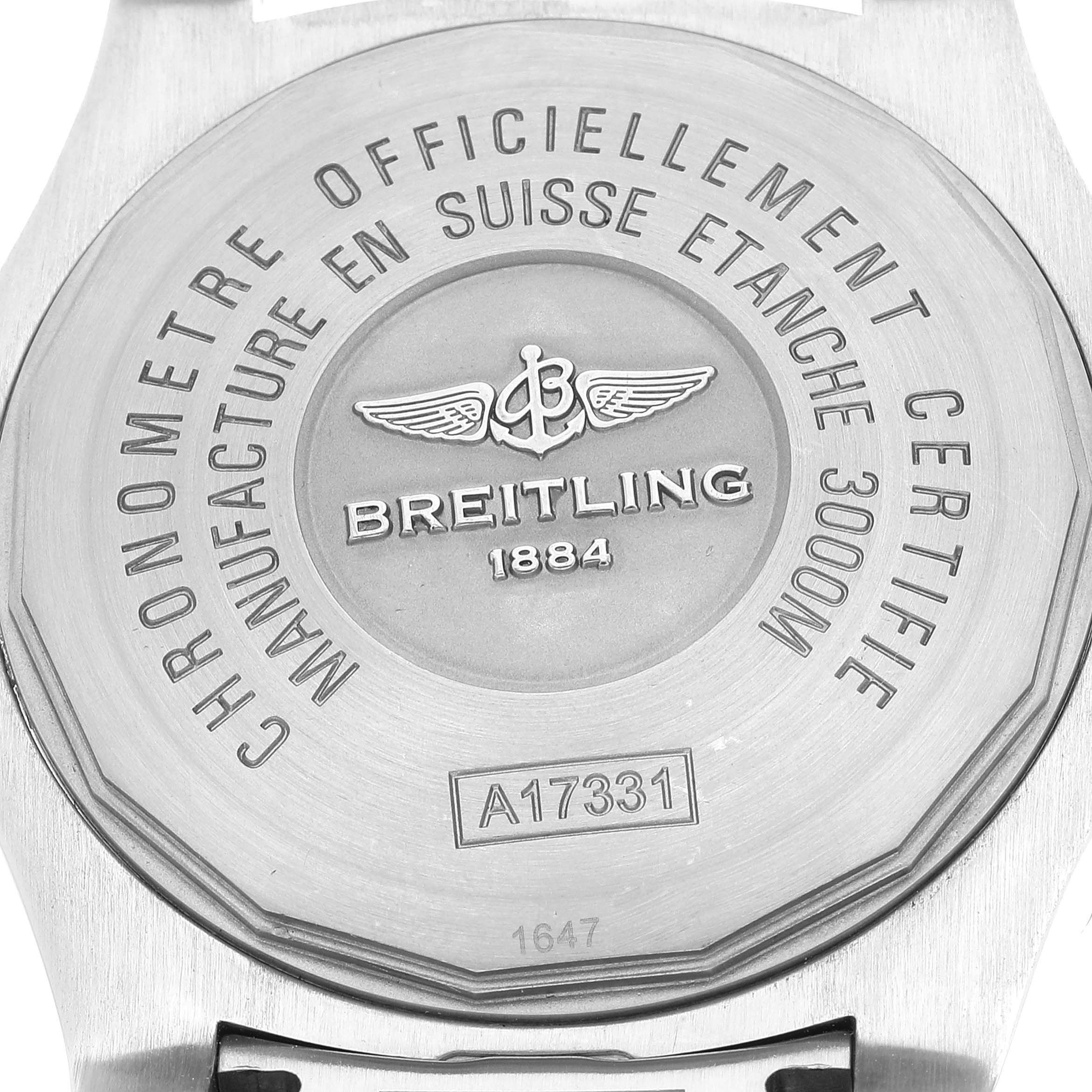 The image shows the back case of the Breitling Avenger A17331 Men's Stainless Steel Black Dial A17331 Men's Stainless Steel Black Dial watch displaying branding and specification engravings.