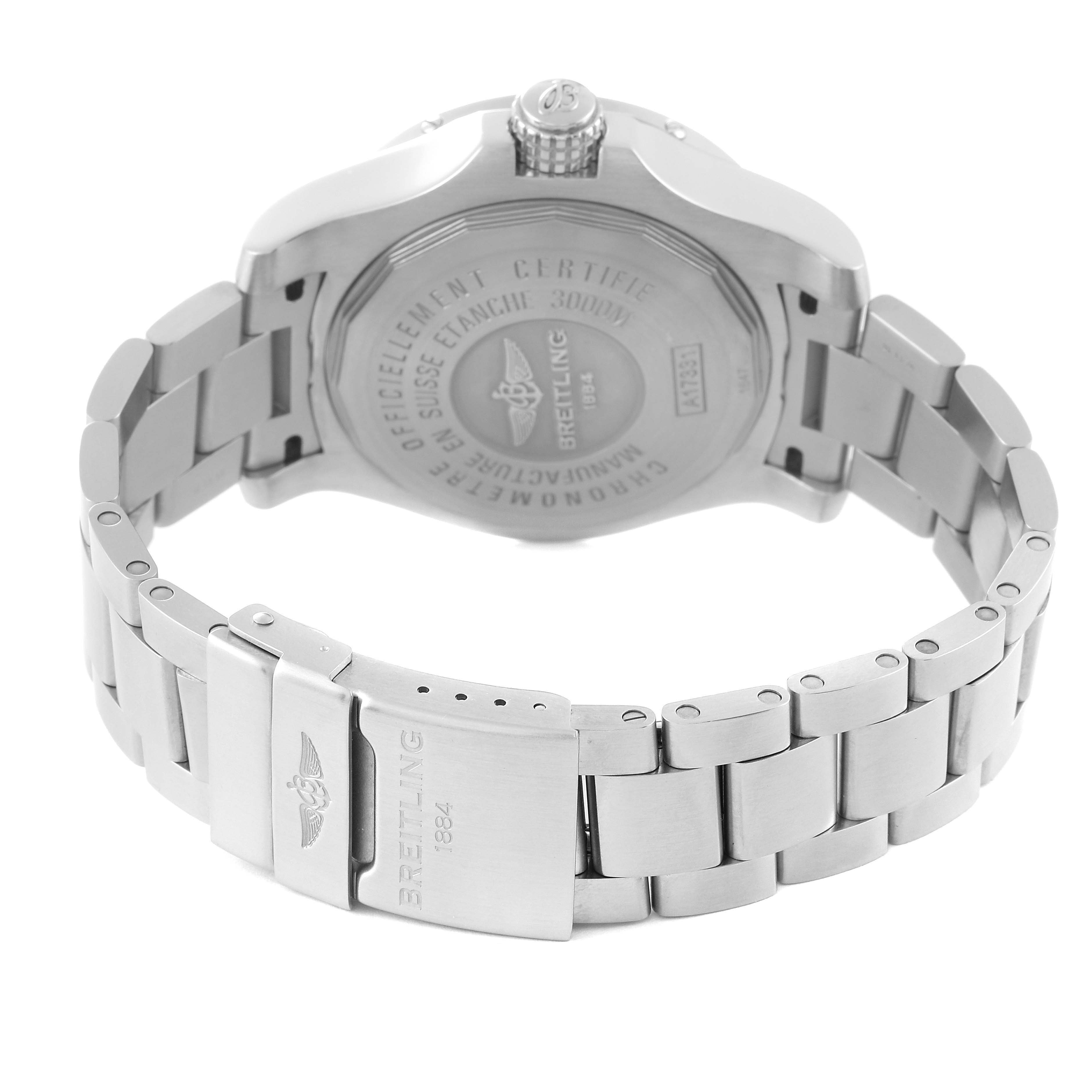 The image shows the back case and bracelet clasp of a Breitling Avenger A17331 Men's Stainless Steel Black Dial A17331 Men's Stainless Steel Black Dial watch.