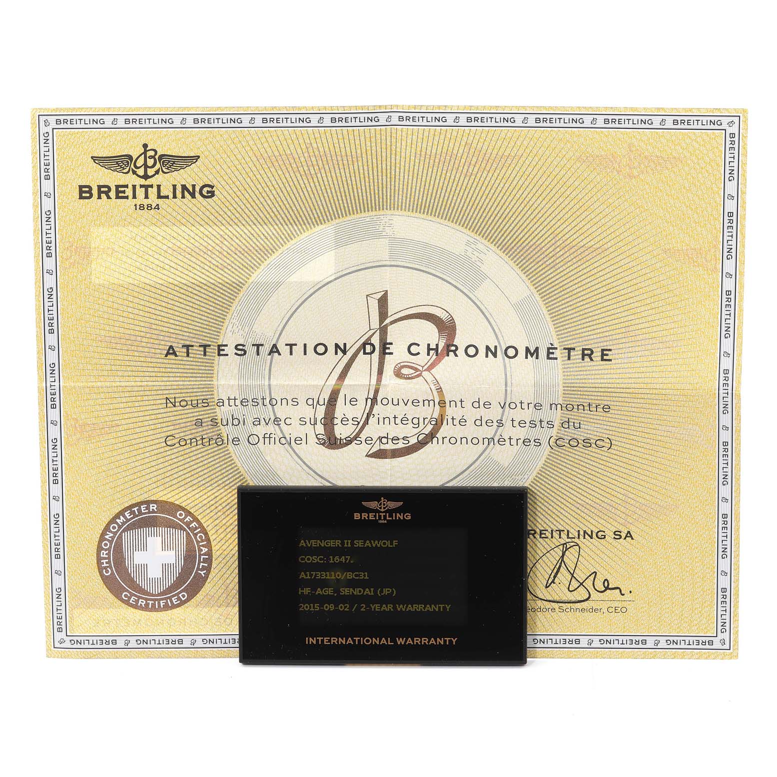 The image shows the warranty card and certification documents for the Breitling Avenger A17331 Men's Stainless Steel Black Dial A17331 Men's Stainless Steel Black Dial II Seawolf watch.