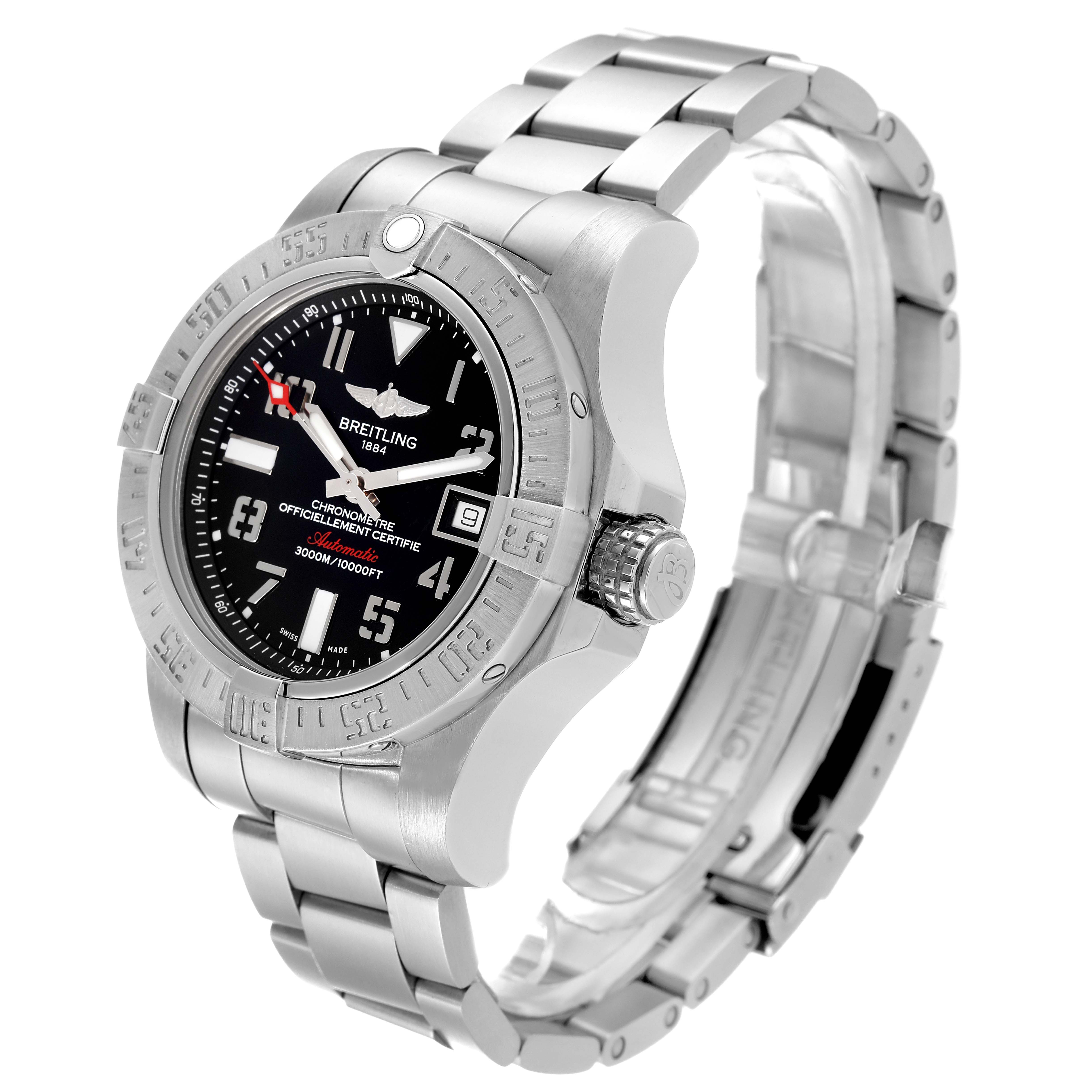 The image shows a side and front view of a Breitling Avenger A17331 Men's Stainless Steel Black Dial A17331 Men's Stainless Steel Black Dial watch, highlighting its bezel, dial, bracelet, and crown.