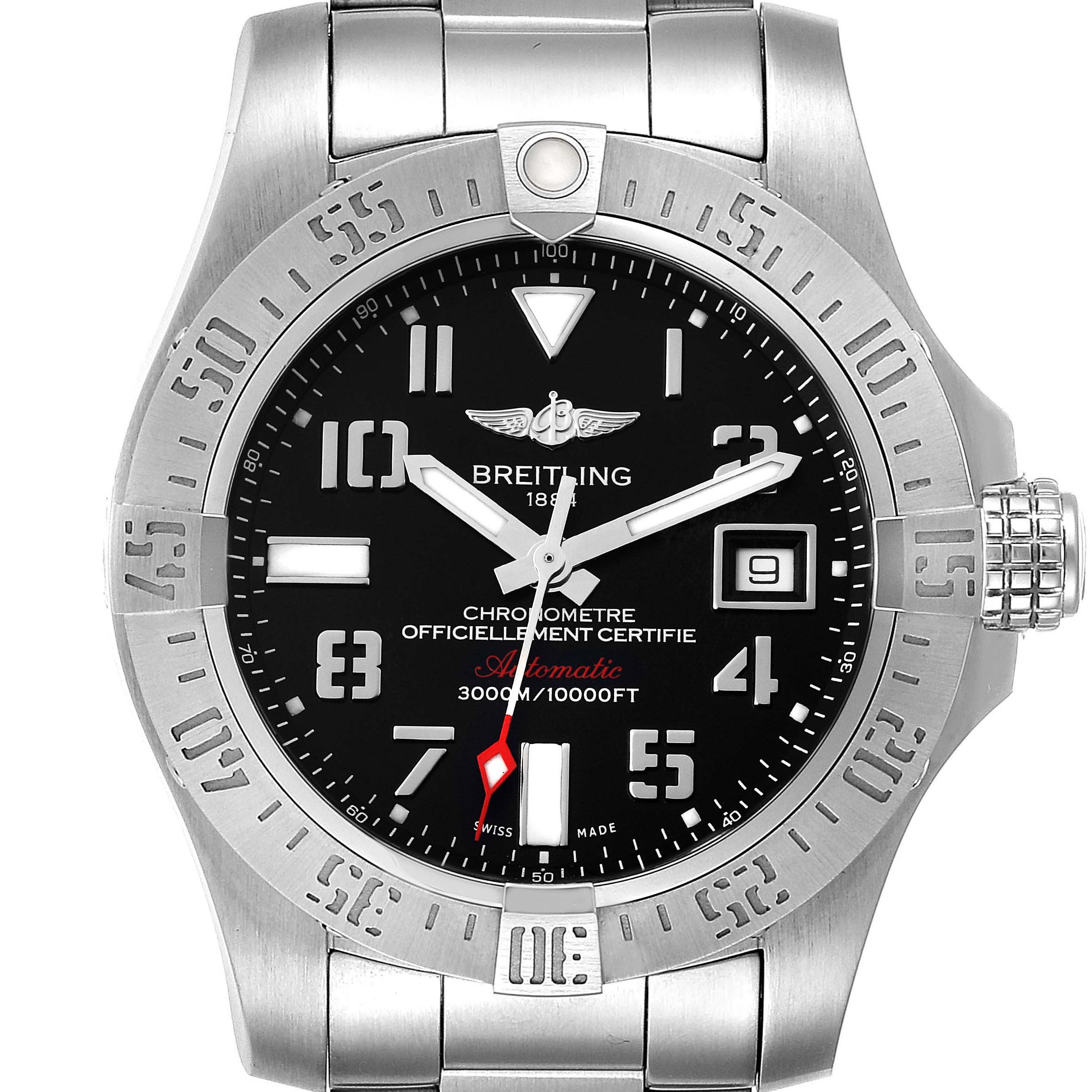 The image shows a front view of a Breitling Avenger A17331 Men's Stainless Steel Black Dial A17331 Men's Stainless Steel Black Dial watch, highlighting its dial, bezel, crown, and part of the metal band.