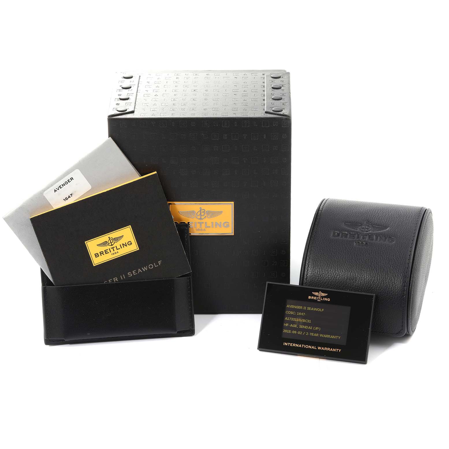 The image shows Breitling Avenger A17331 Men's Stainless Steel Black Dial A17331 Men's Stainless Steel Black Dial model packaging, including the box, paperwork, and a watch case.