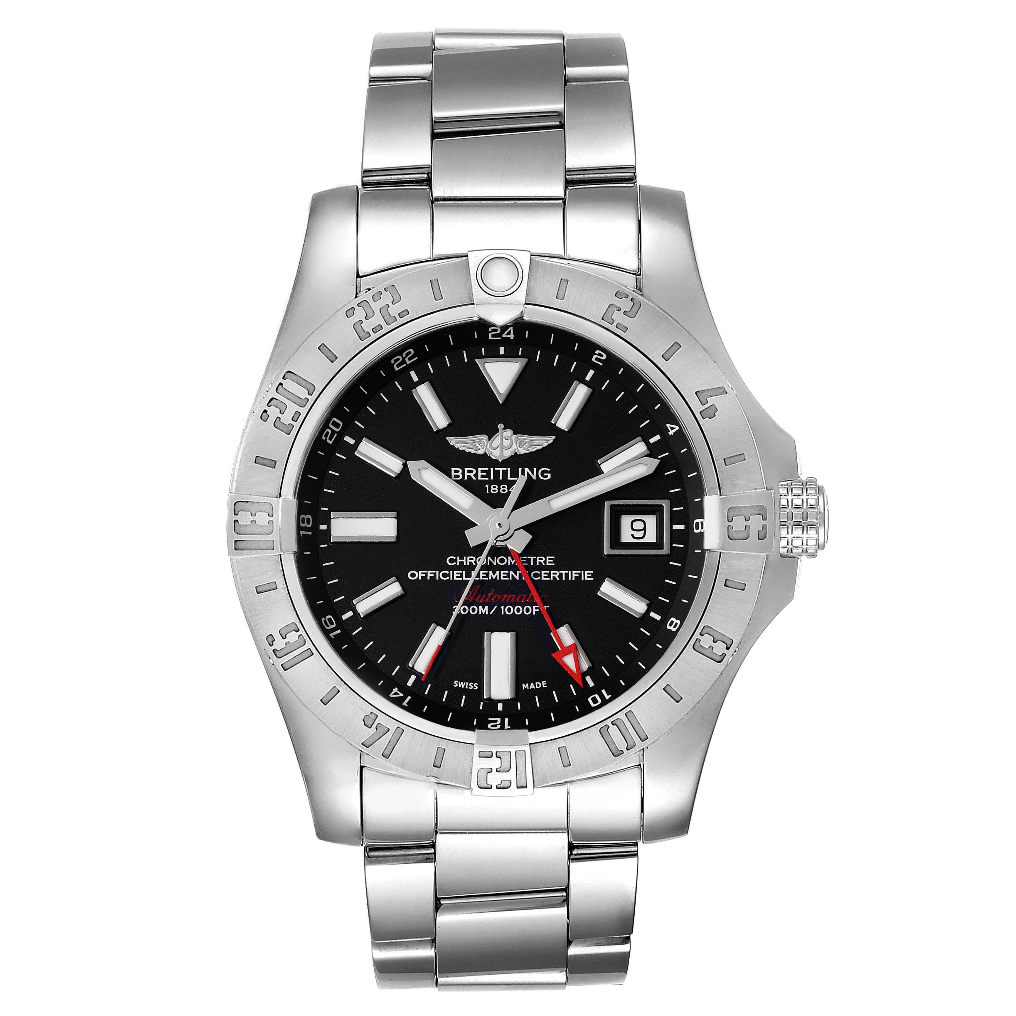 The image shows a front view of the Breitling Avenger A32390 Men's Stainless Steel Black Dial A32390 Men's Stainless Steel Black Dial watch, displaying its face, bezel, crown, and metal bracelet.
