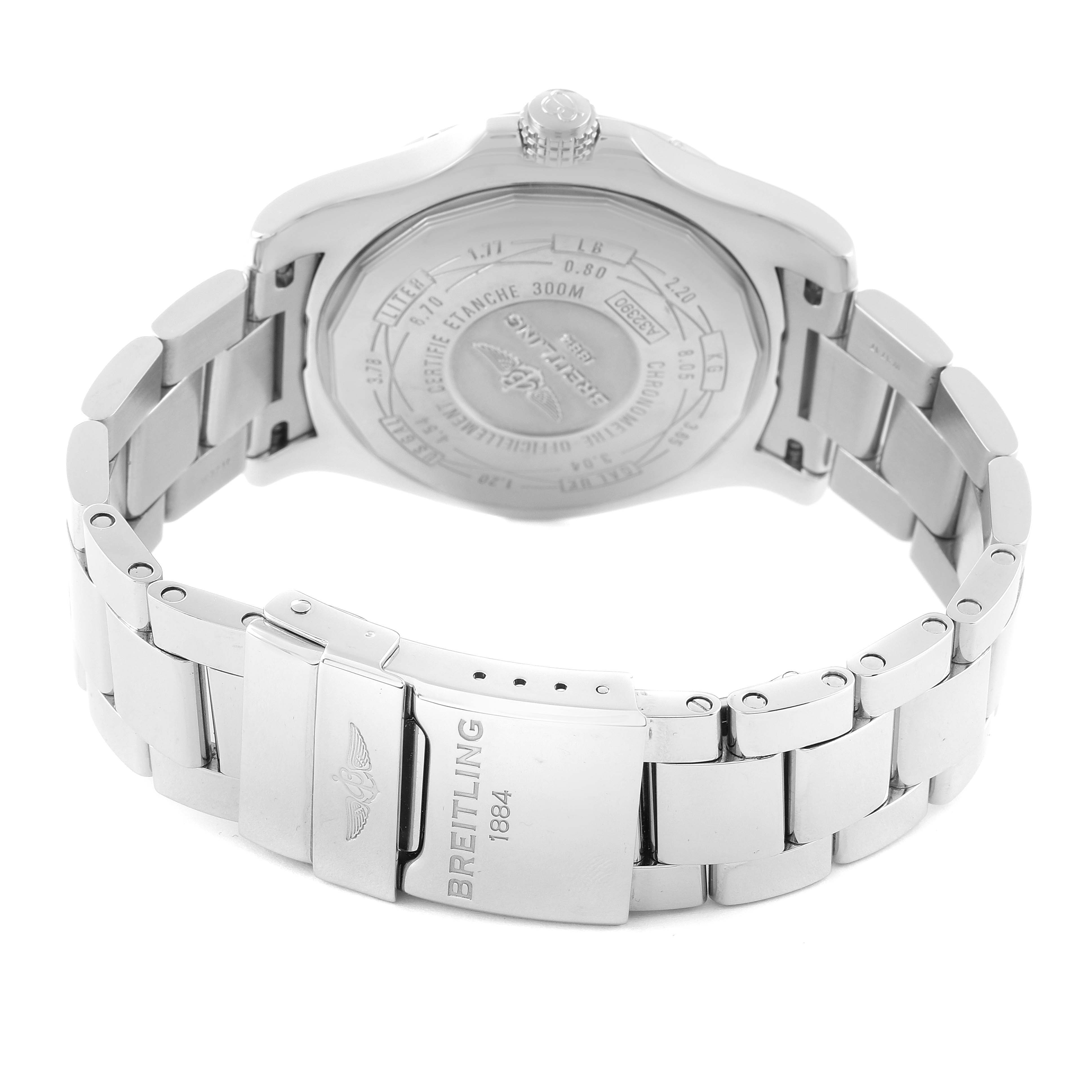 The image shows the back and clasp of a Breitling Avenger A32390 Men's Stainless Steel Black Dial A32390 Men's Stainless Steel Black Dial watch, highlighting its stainless steel bracelet and case back.