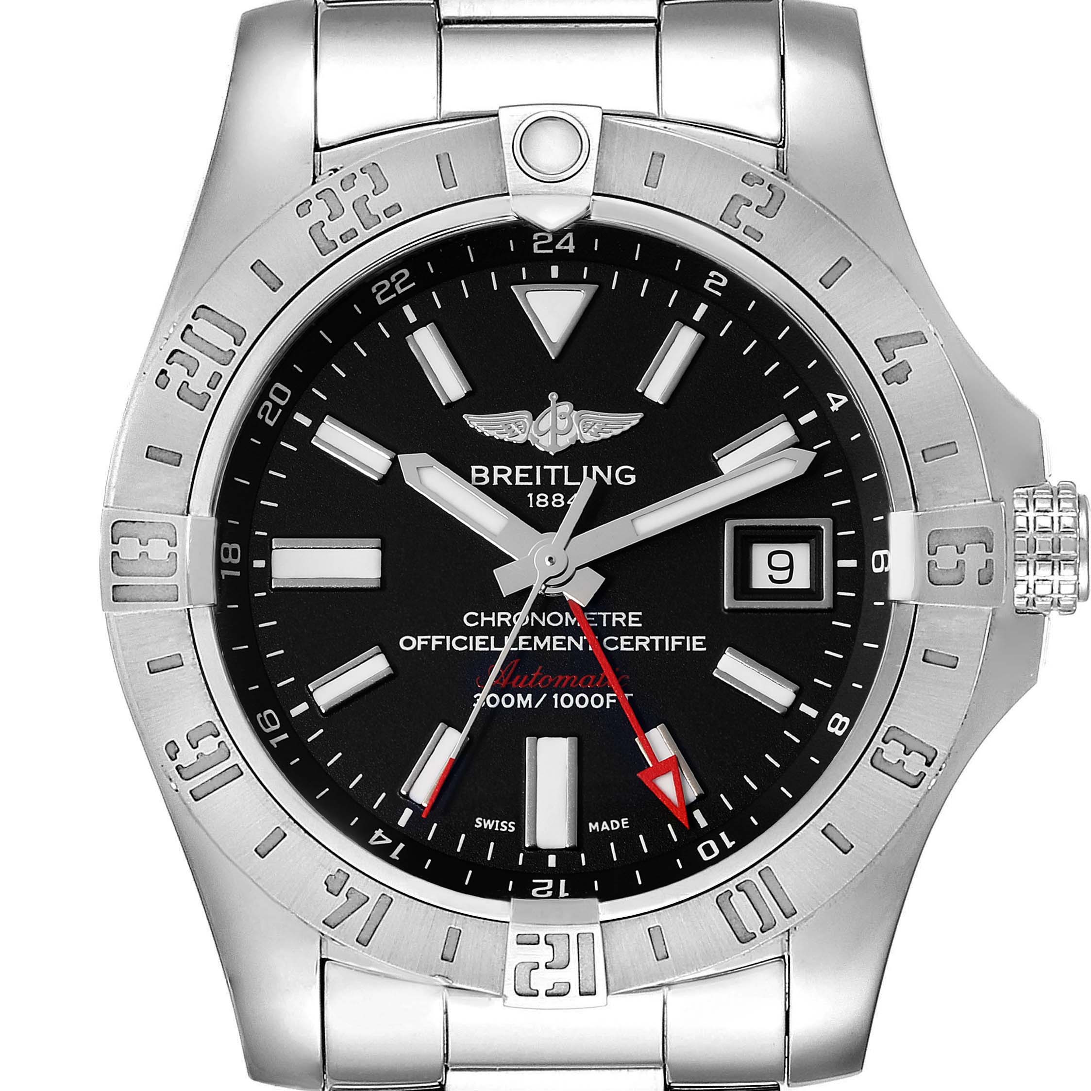 This is a front view of the Breitling Avenger A32390 Men's Stainless Steel Black Dial A32390 Men's Stainless Steel Black Dial watch, showing the face, bezel, bracelet, and crown.