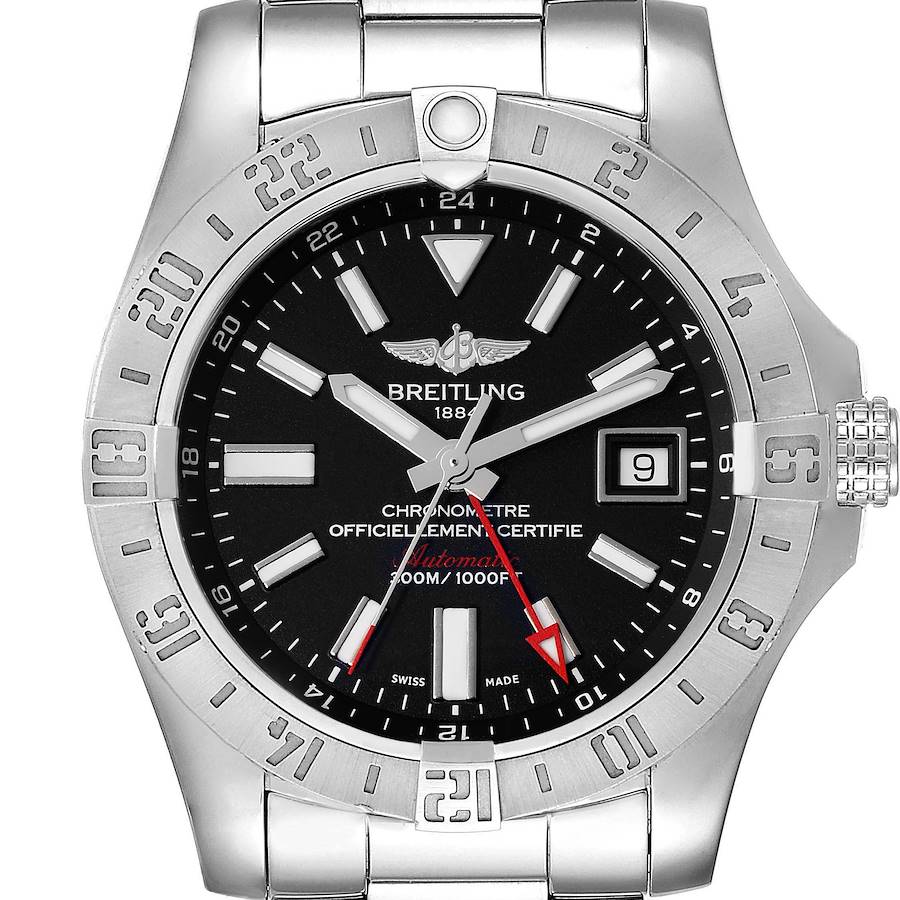 Breitling Aeromarine Avenger II GMT Black Dial Steel Mens Watch A32390 Box Card SwissWatchExpo
