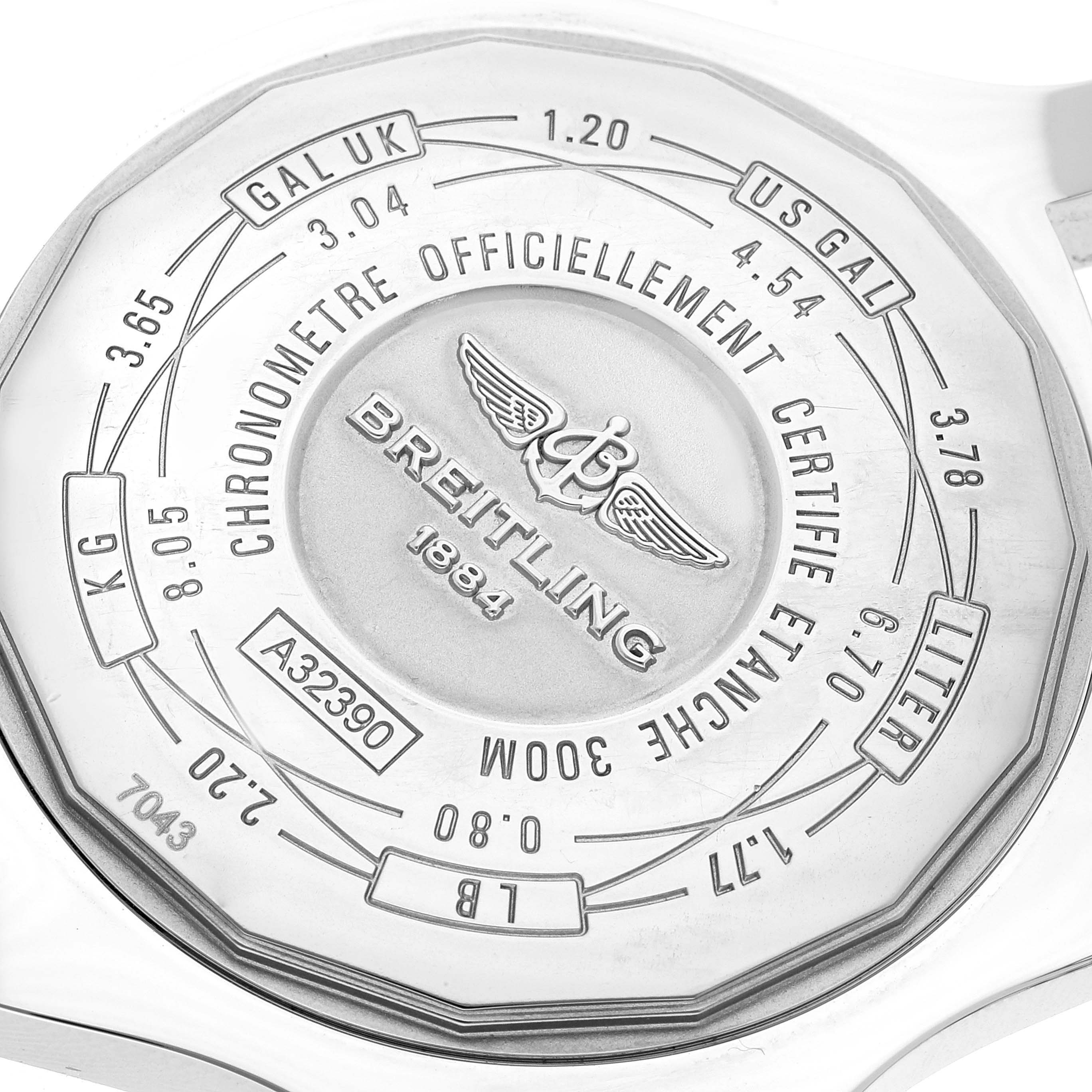 The image shows the case back of a Breitling Avenger A32390 Men's Stainless Steel Black Dial A32390 Men's Stainless Steel Black Dial watch, displaying brand markings, model information, and various unit conversions.