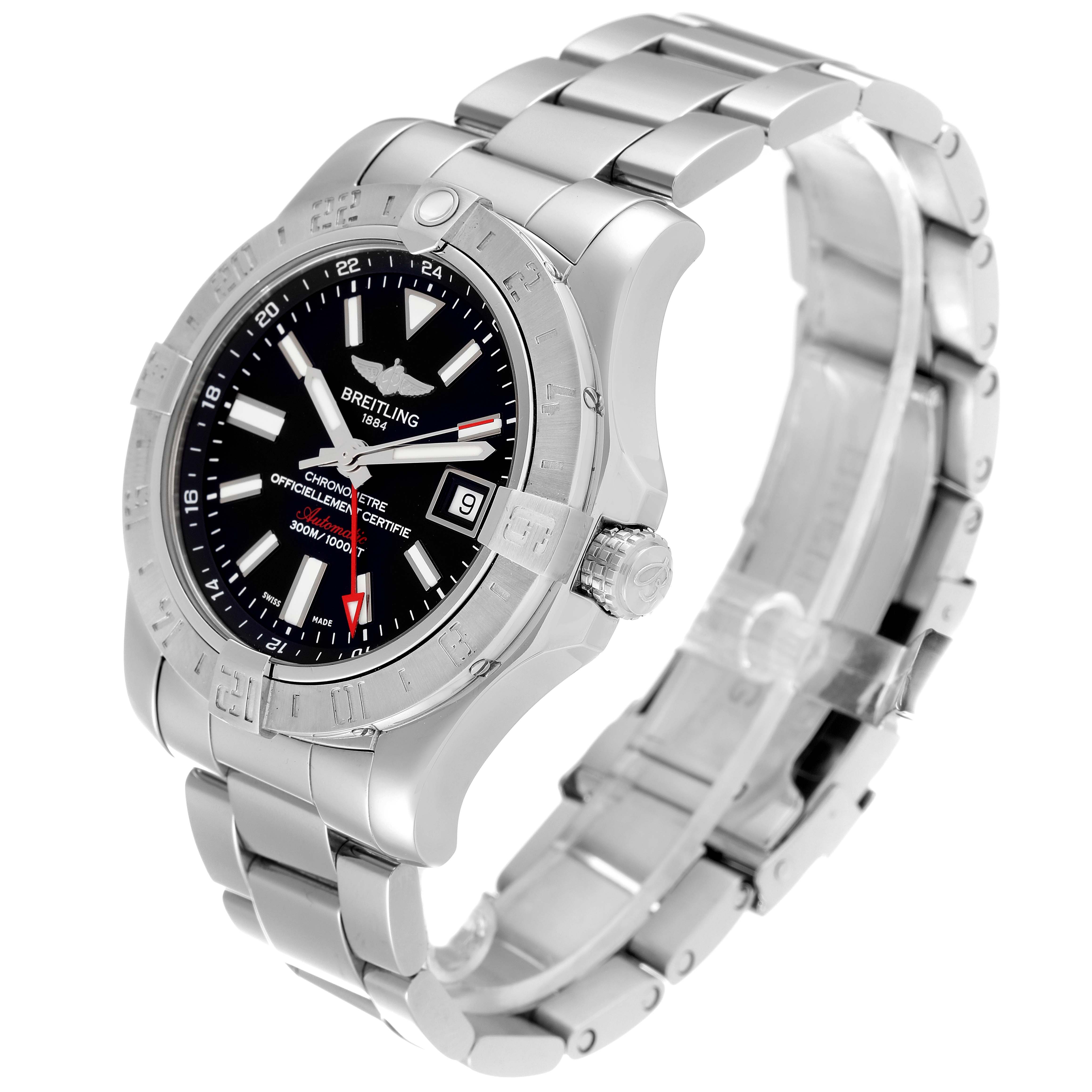 The image shows a Breitling Avenger A32390 Men's Stainless Steel Black Dial A32390 Men's Stainless Steel Black Dial watch at a three-quarter angle, showcasing its face, bezel, and metal bracelet.