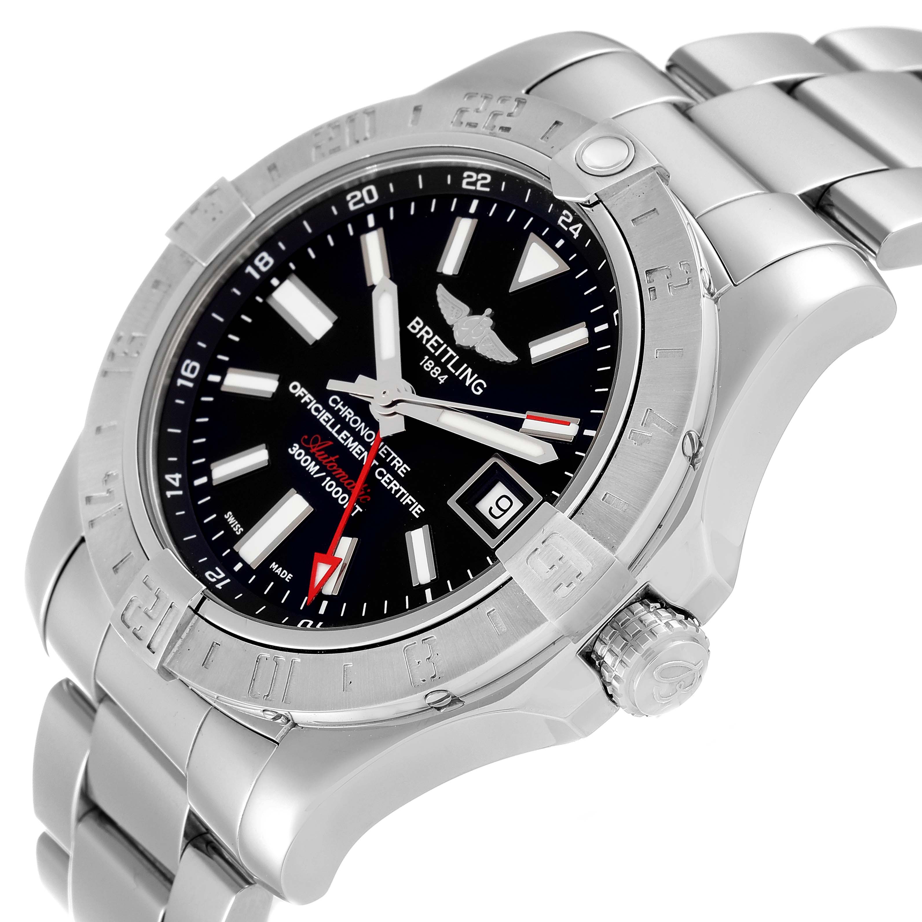 The image shows a side and front angle of a Breitling Avenger A32390 Men's Stainless Steel Black Dial A32390 Men's Stainless Steel Black Dial watch, focusing on the bezel, dial, and bracelet.