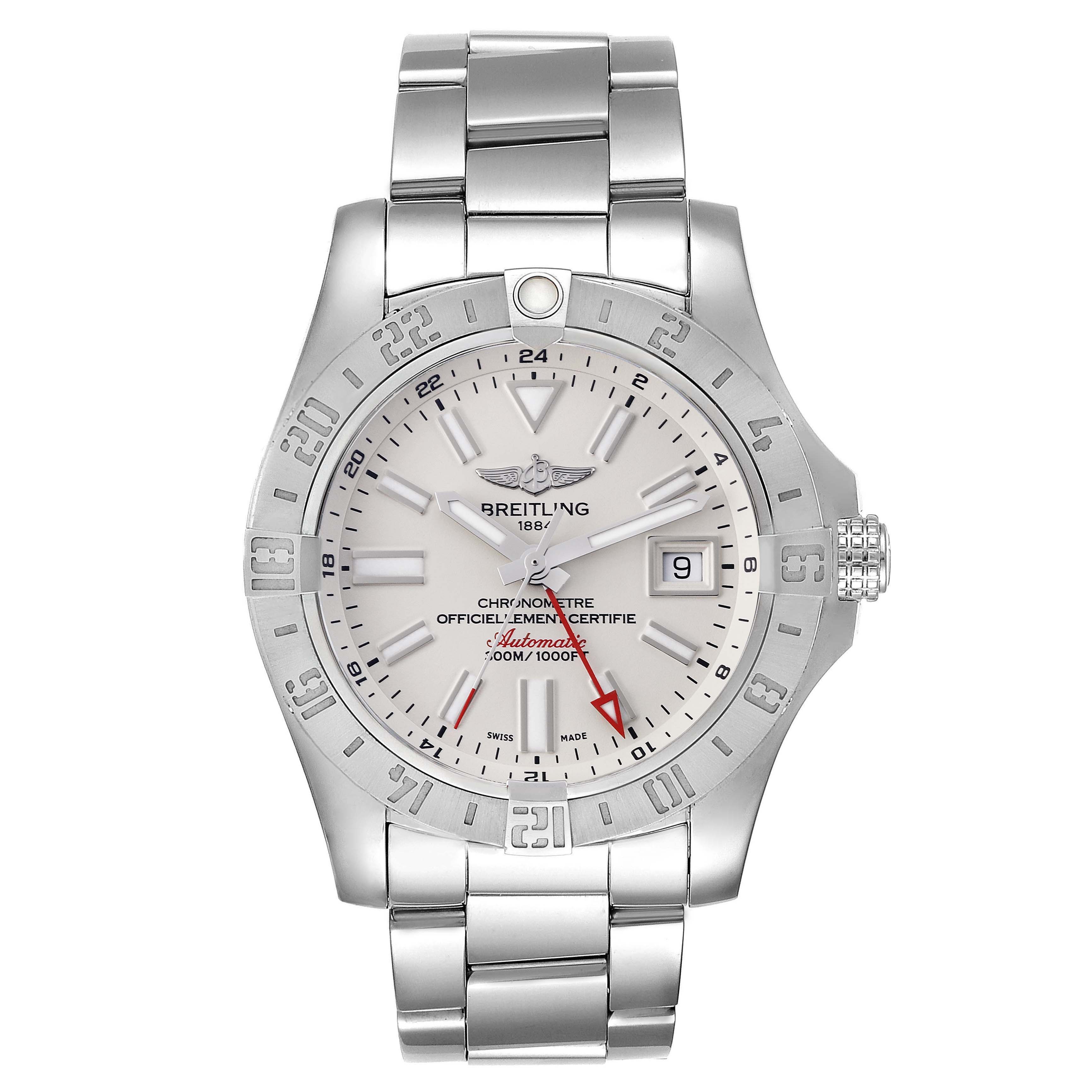 The image shows a front view of a Breitling Avenger A32390 Men's Stainless Steel Beige Dial A32390 Men's Stainless Steel Beige Dial watch, highlighting the dial, bezel, and stainless steel bracelet.