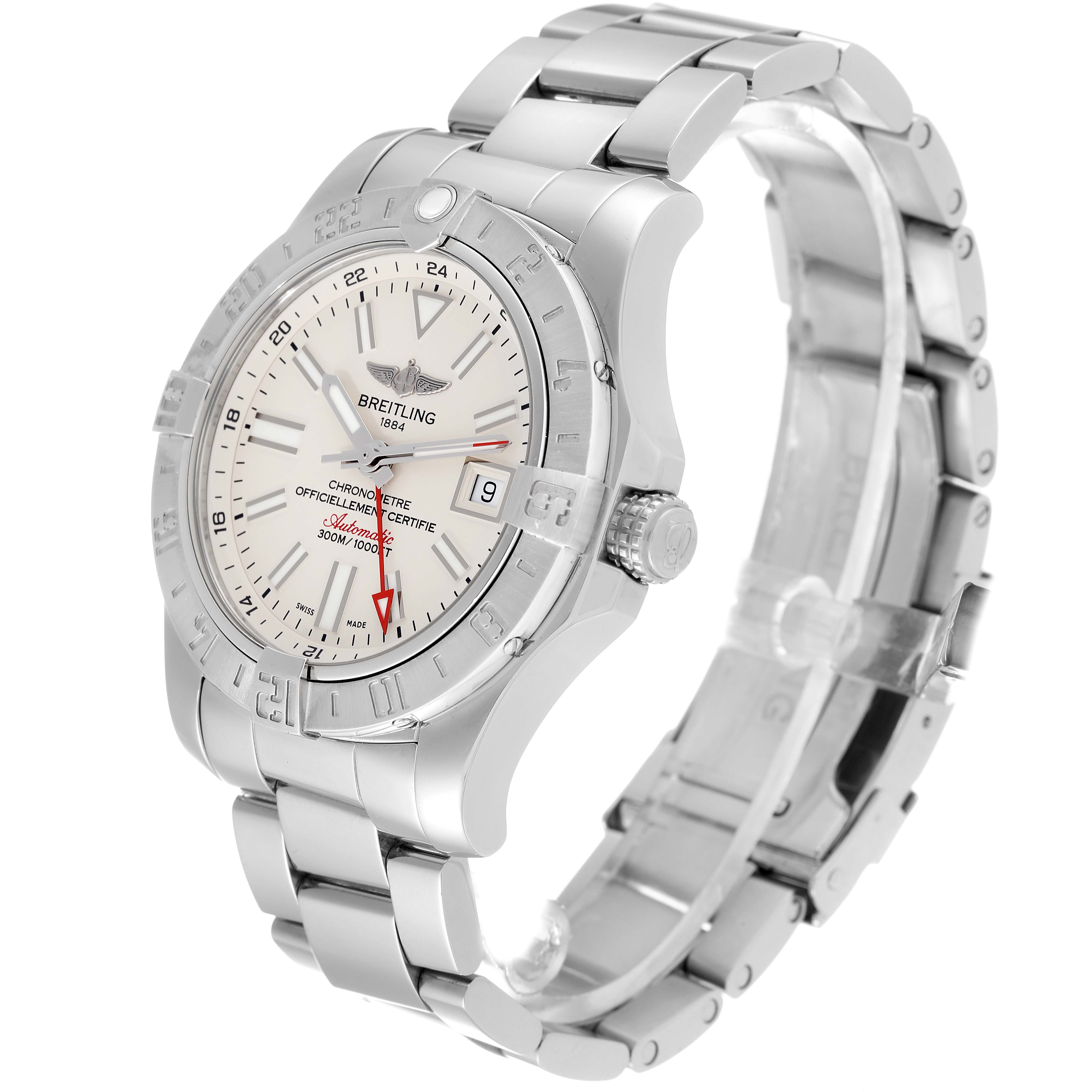 This image shows a Breitling Avenger A32390 Men's Stainless Steel Beige Dial A32390 Men's Stainless Steel Beige Dial watch at a three-quarter angle highlighting the face, bezel, crown, and bracelet.