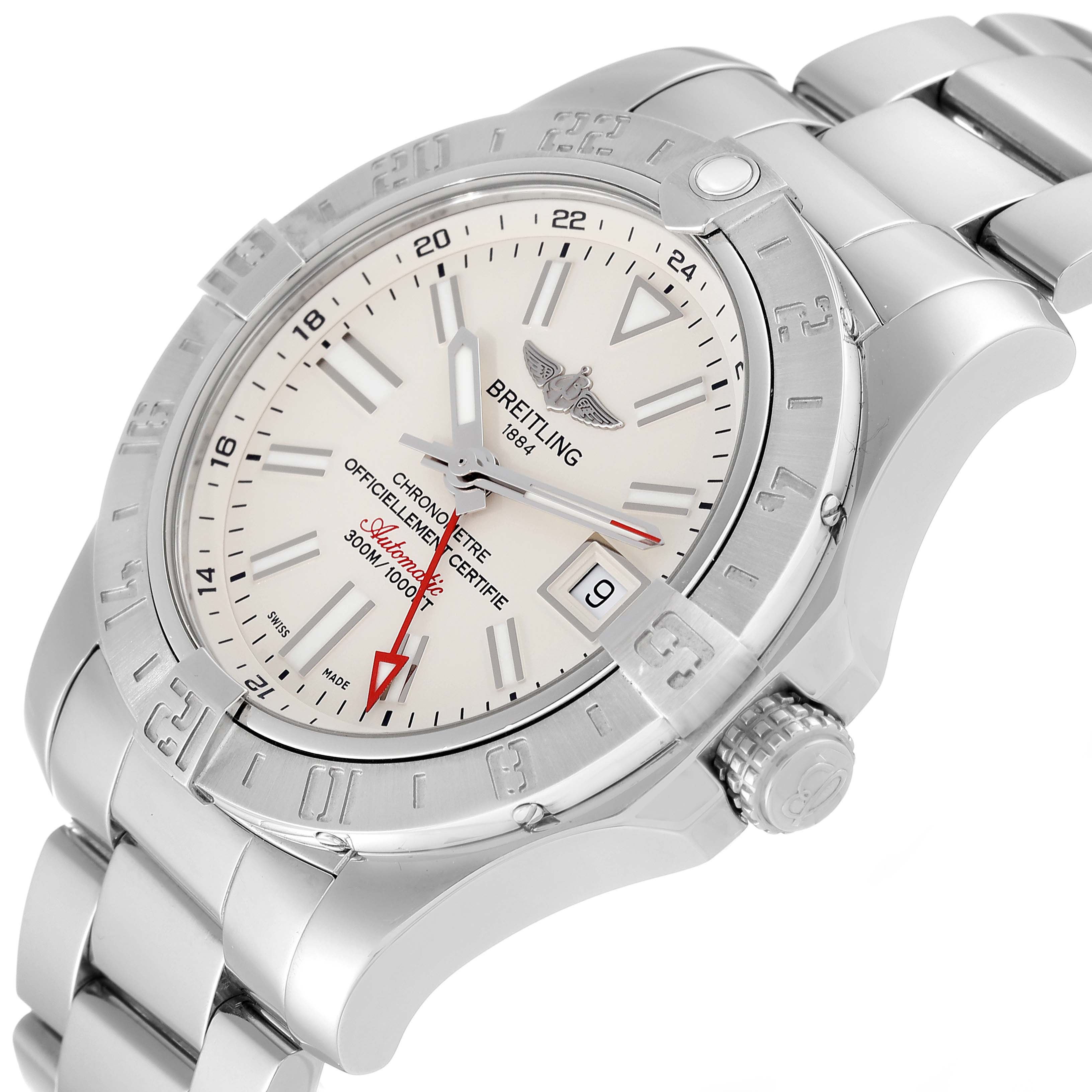 The image shows a Breitling Avenger A32390 Men's Stainless Steel Beige Dial A32390 Men's Stainless Steel Beige Dial watch from a three-quarter angle, displaying the face, bezel, crown, and part of the metal bracelet.