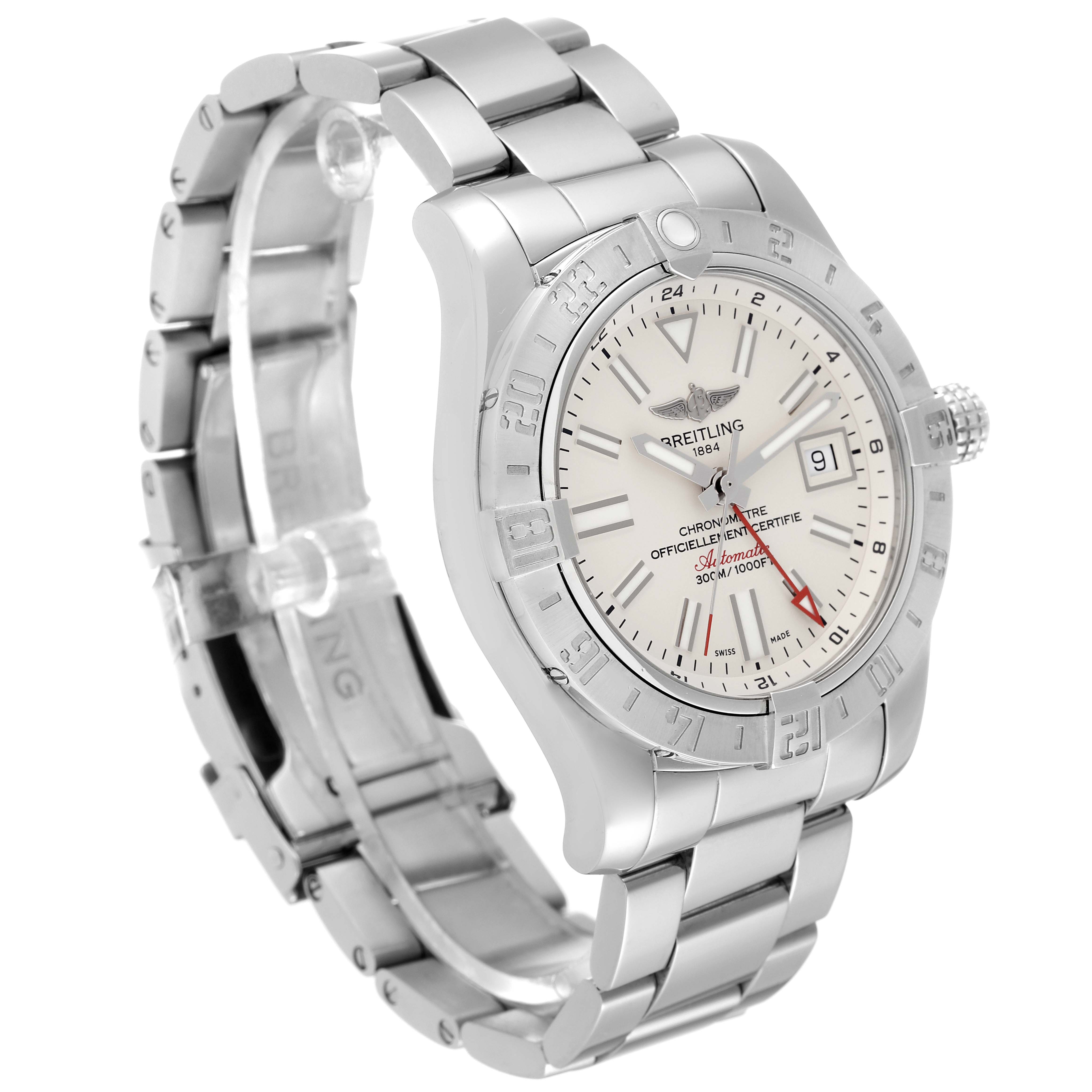 The image shows a side angle view of the Breitling Avenger A32390 Men's Stainless Steel Beige Dial A32390 Men's Stainless Steel Beige Dial watch, highlighting its metal bracelet and detailed dial.