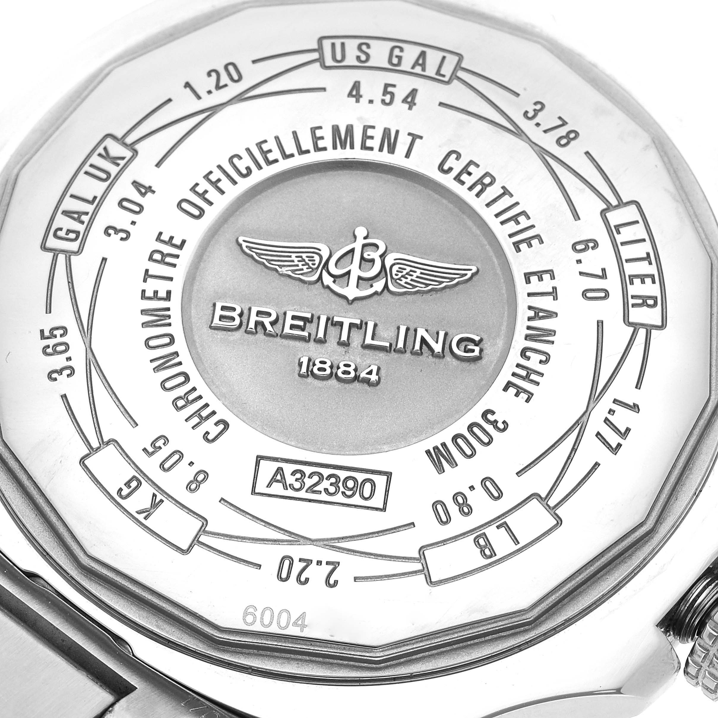 This image shows the backside of a Breitling Avenger A32390 Men's Stainless Steel Beige Dial A32390 Men's Stainless Steel Beige Dial watch with various engravings and conversion charts.