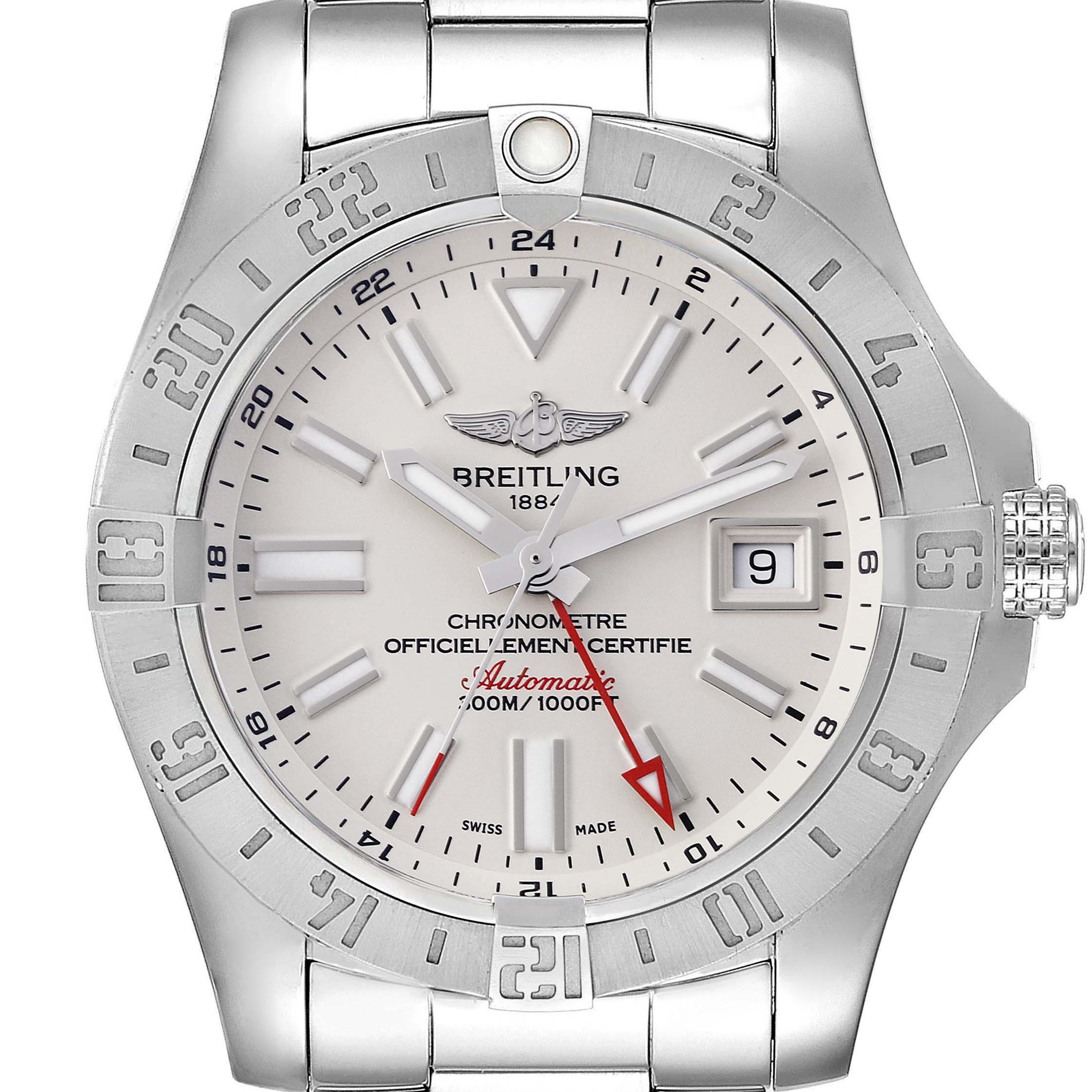This is a front view of a Breitling Avenger A32390 Men's Stainless Steel Beige Dial A32390 Men's Stainless Steel Beige Dial watch showcasing the dial, bezel, and part of the bracelet.