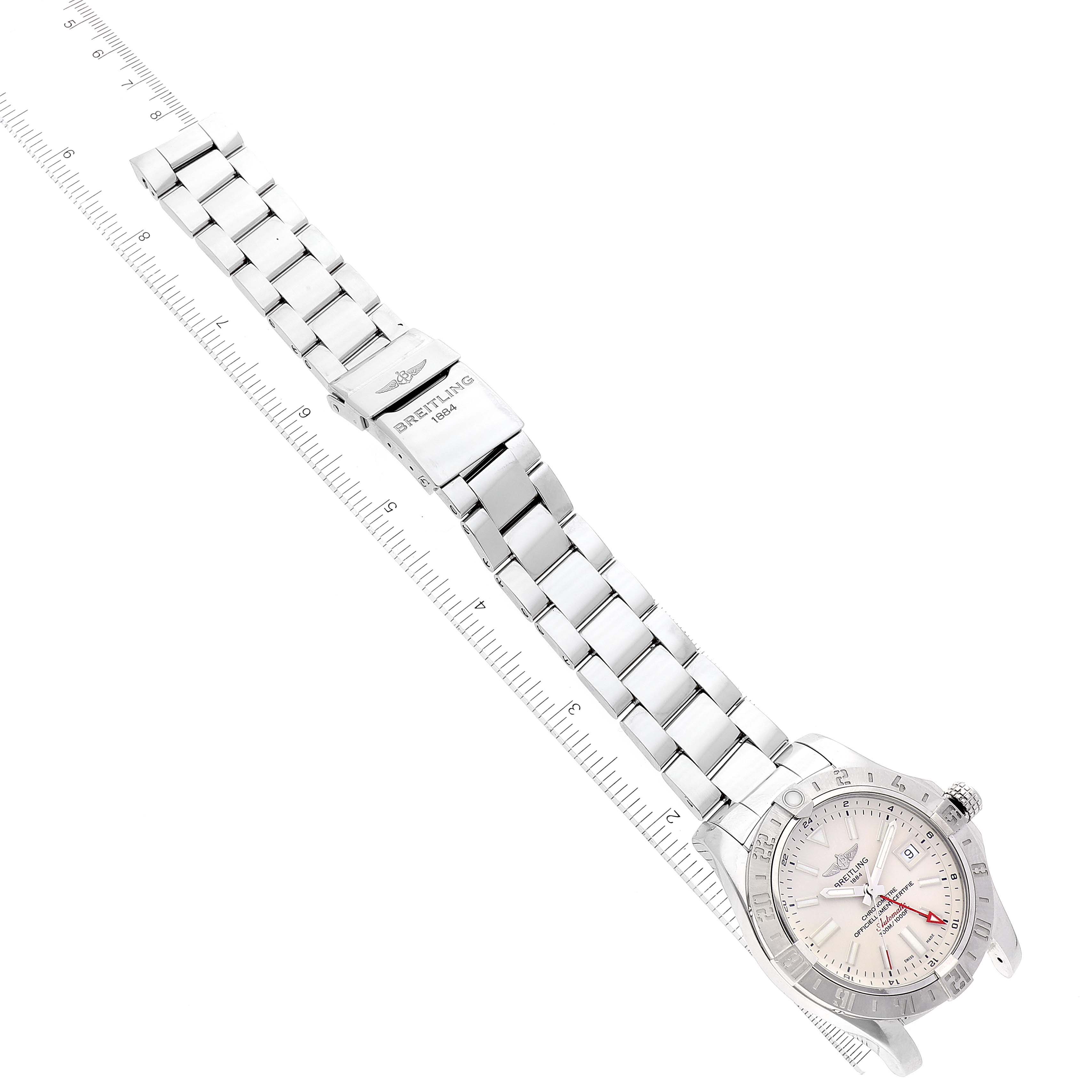 The image shows the top view of a Breitling Avenger A32390 Men's Stainless Steel Beige Dial A32390 Men's Stainless Steel Beige Dial watch, highlighting its dial, bezel, and metal bracelet.