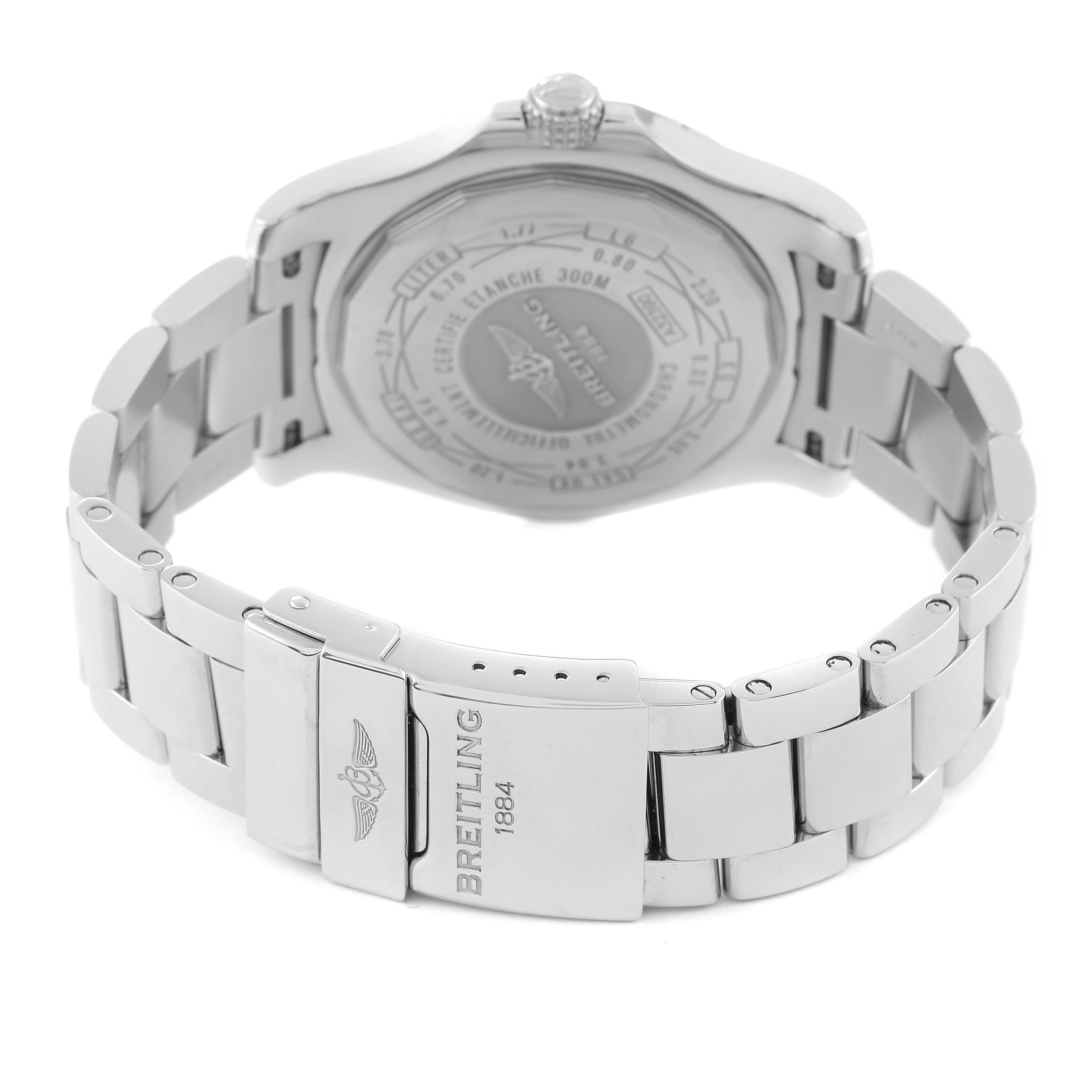 The image shows the back case and bracelet of a Breitling Avenger A32390 Men's Stainless Steel Beige Dial A32390 Men's Stainless Steel Beige Dial watch, highlighting the clasp and links.