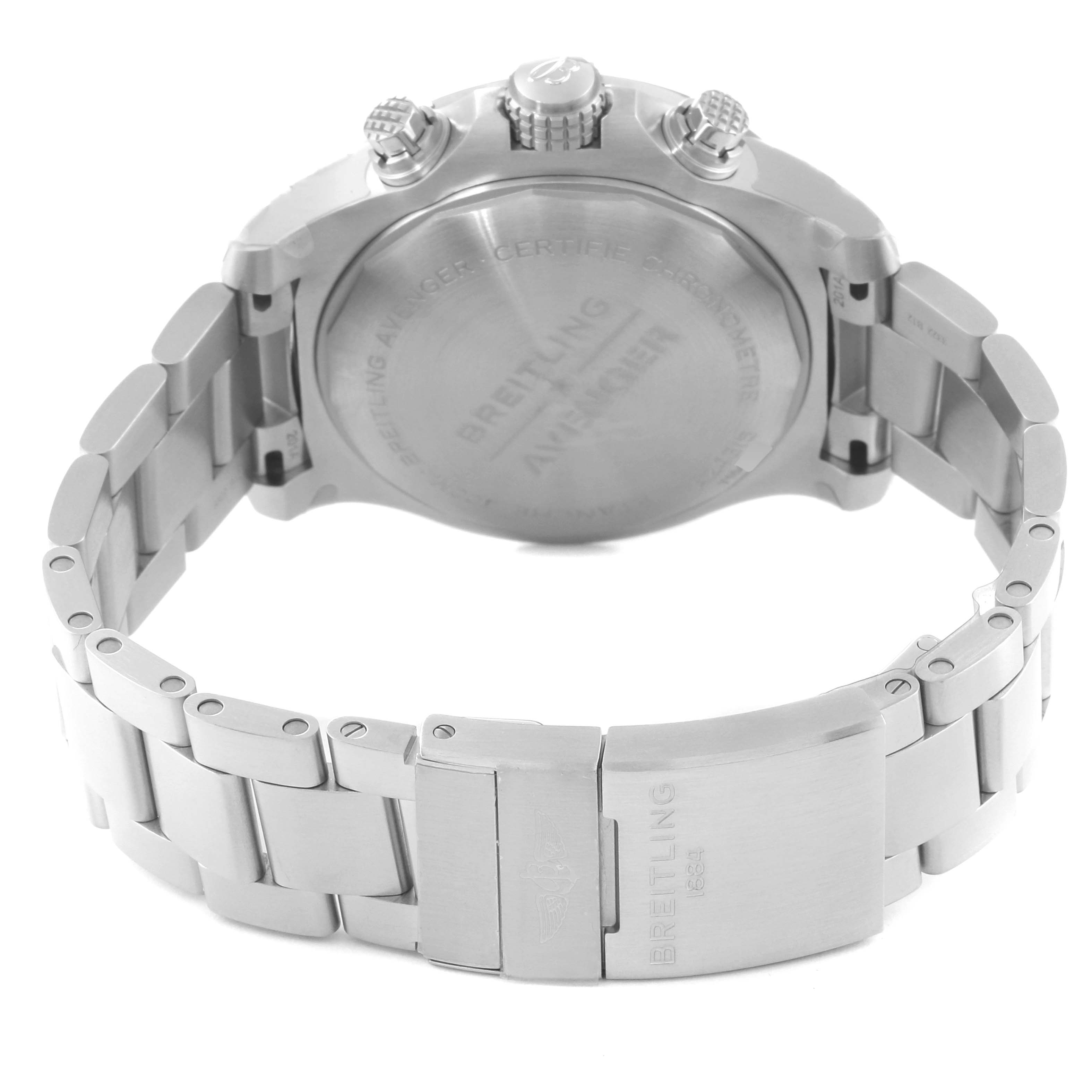 This image shows the back view of a Breitling Avenger A24315 Men's Stainless Steel Blue Dial A24315 Men's Stainless Steel Blue Dial watch, highlighting the stainless steel bracelet and clasp.