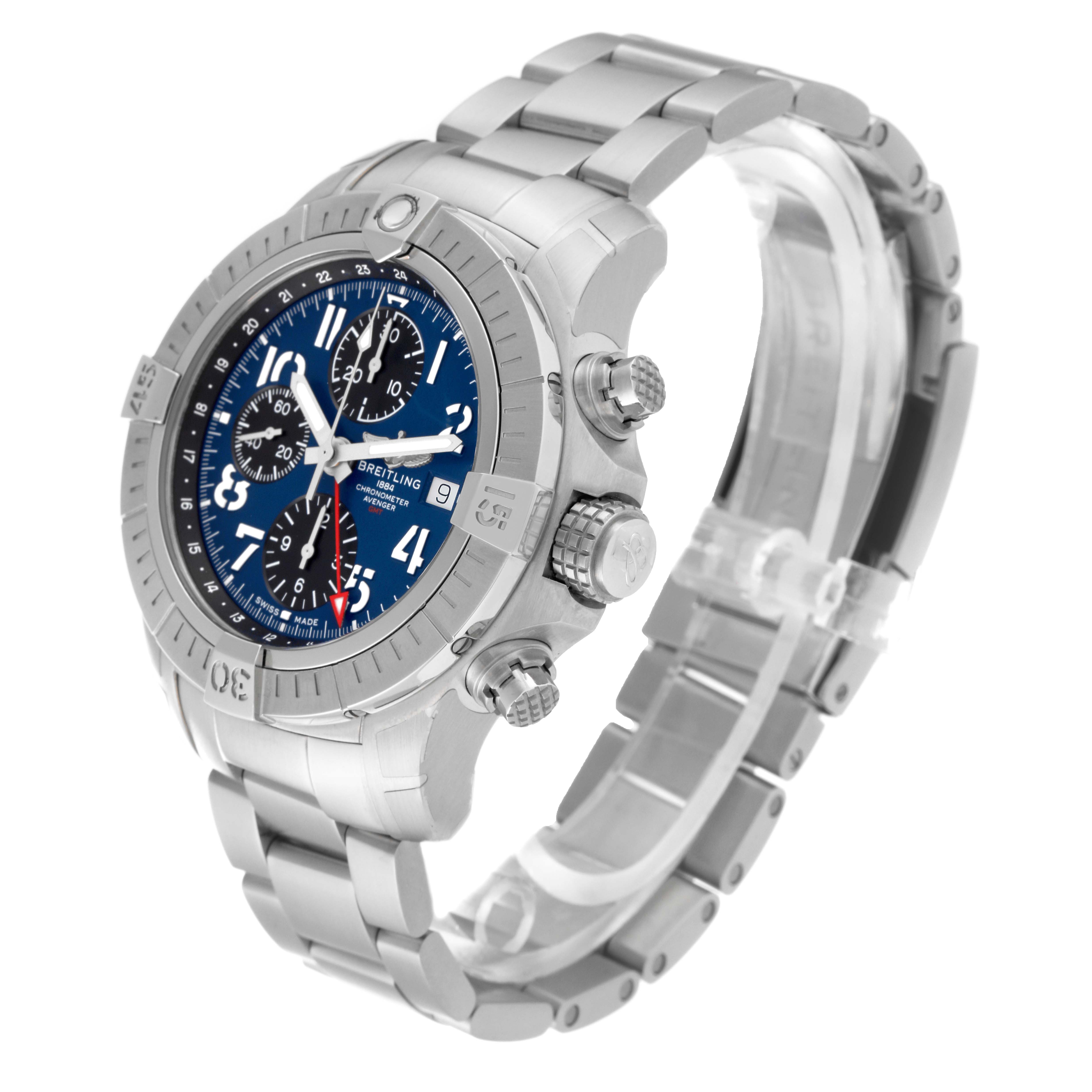 The image shows a side angle of the Breitling Avenger A24315 Men's Stainless Steel Blue Dial A24315 Men's Stainless Steel Blue Dial watch, displaying its blue dial, chronograph subdials, crown, pushers, and metal bracelet.