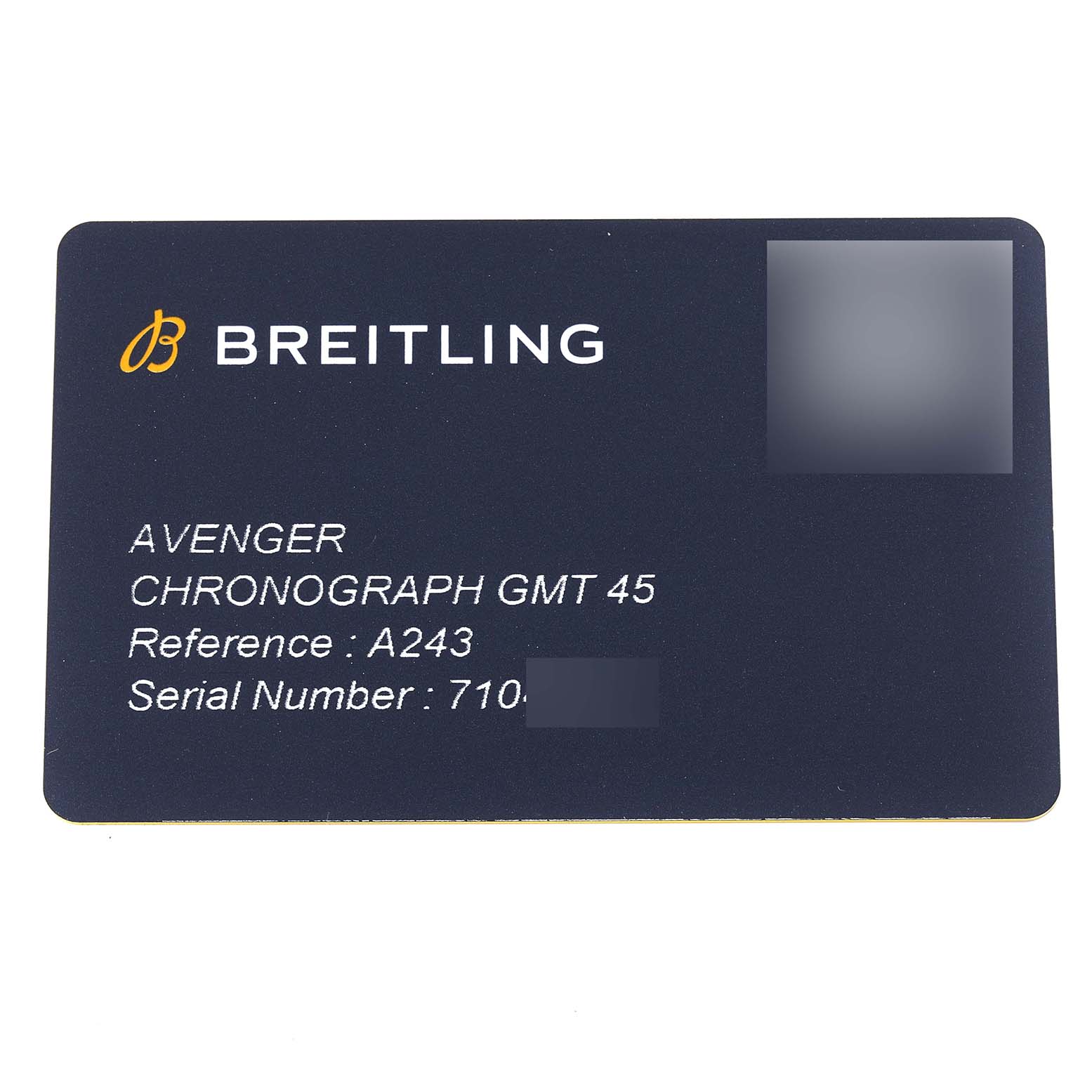 The image shows a warranty card for the Breitling Avenger A24315 Men's Stainless Steel Blue Dial A24315 Men's Stainless Steel Blue Dial Chronograph GMT 45, displaying reference and serial numbers.