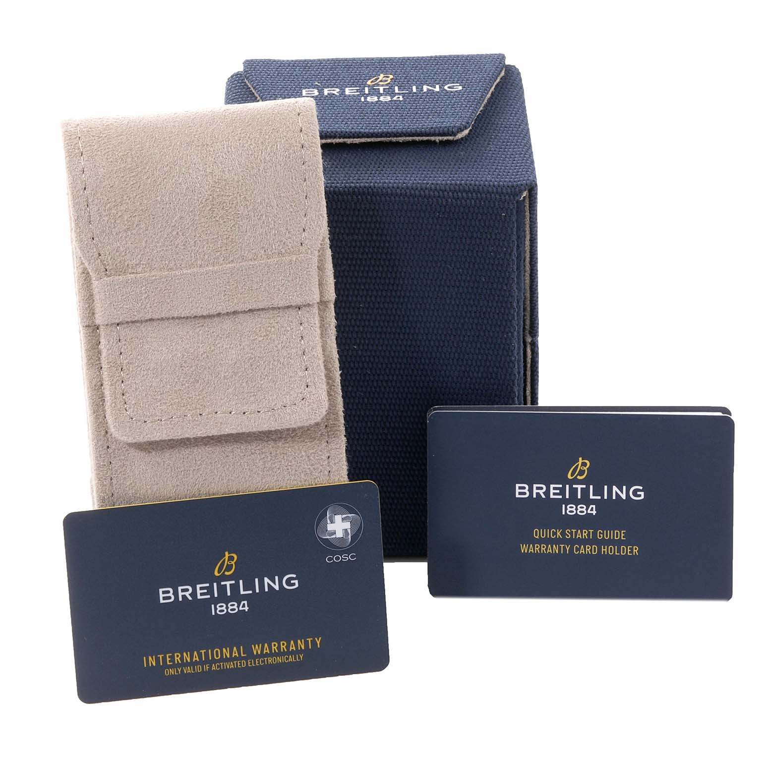 The image shows the accessories for the Breitling Avenger A24315 Men's Stainless Steel Blue Dial A24315 Men's Stainless Steel Blue Dial, including a cloth pouch, a box, and warranty cards from a front angle.