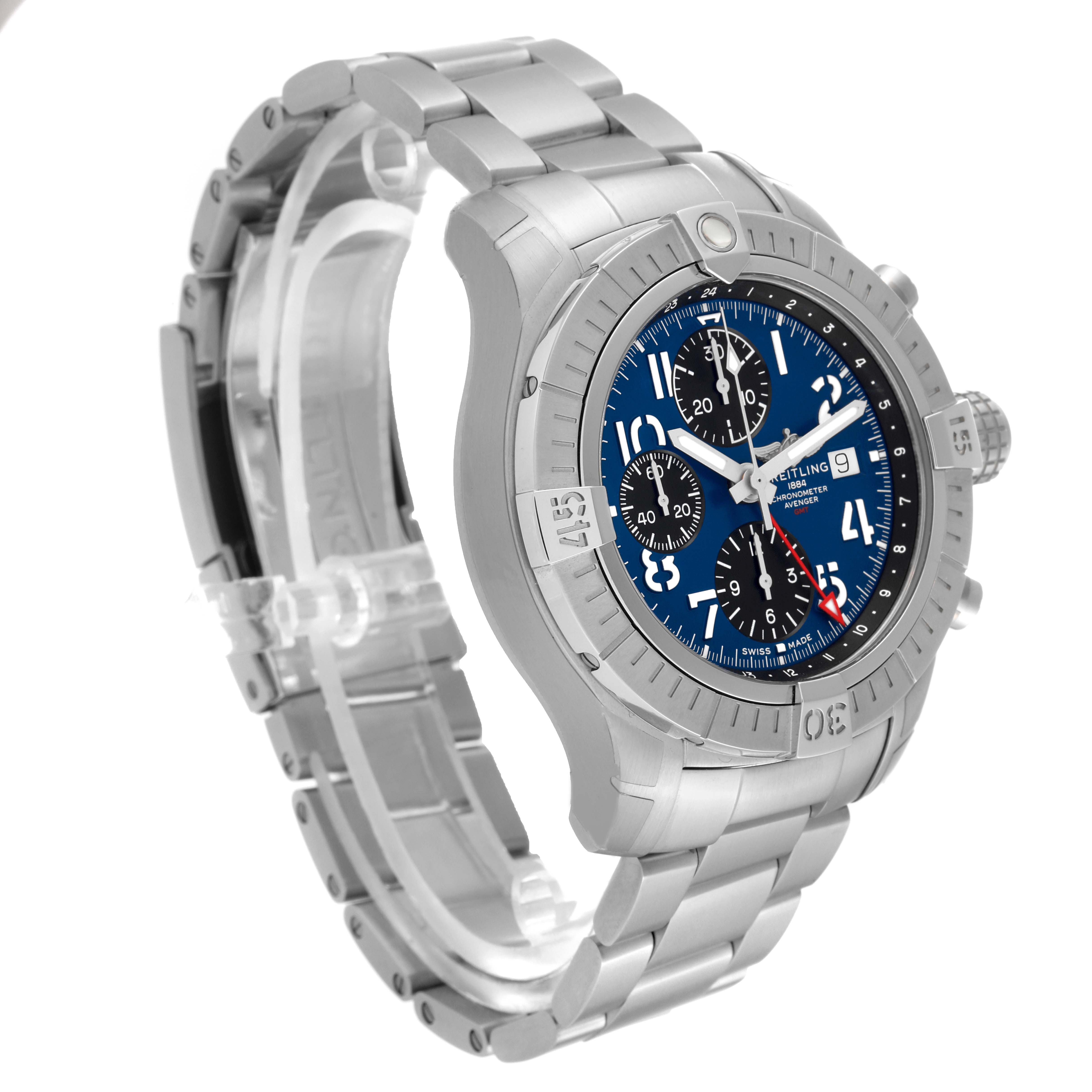 The photo shows a Breitling Avenger A24315 Men's Stainless Steel Blue Dial A24315 Men's Stainless Steel Blue Dial model watch from an oblique angle, highlighting the face, bezel, and bracelet.