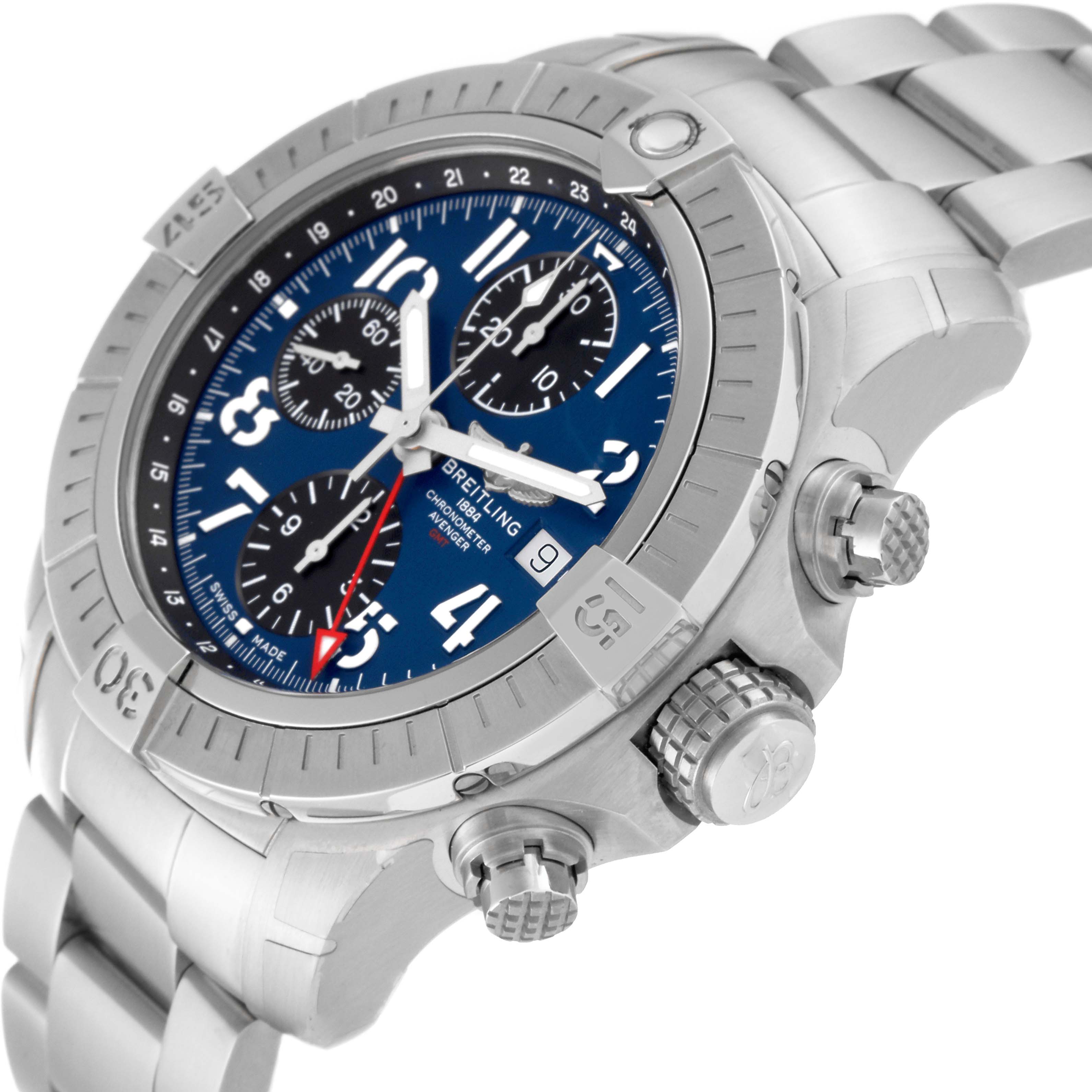The image shows a close-up, angled view of the Breitling Avenger A24315 Men's Stainless Steel Blue Dial A24315 Men's Stainless Steel Blue Dial watch, highlighting the dial, bezel, and side pushers.