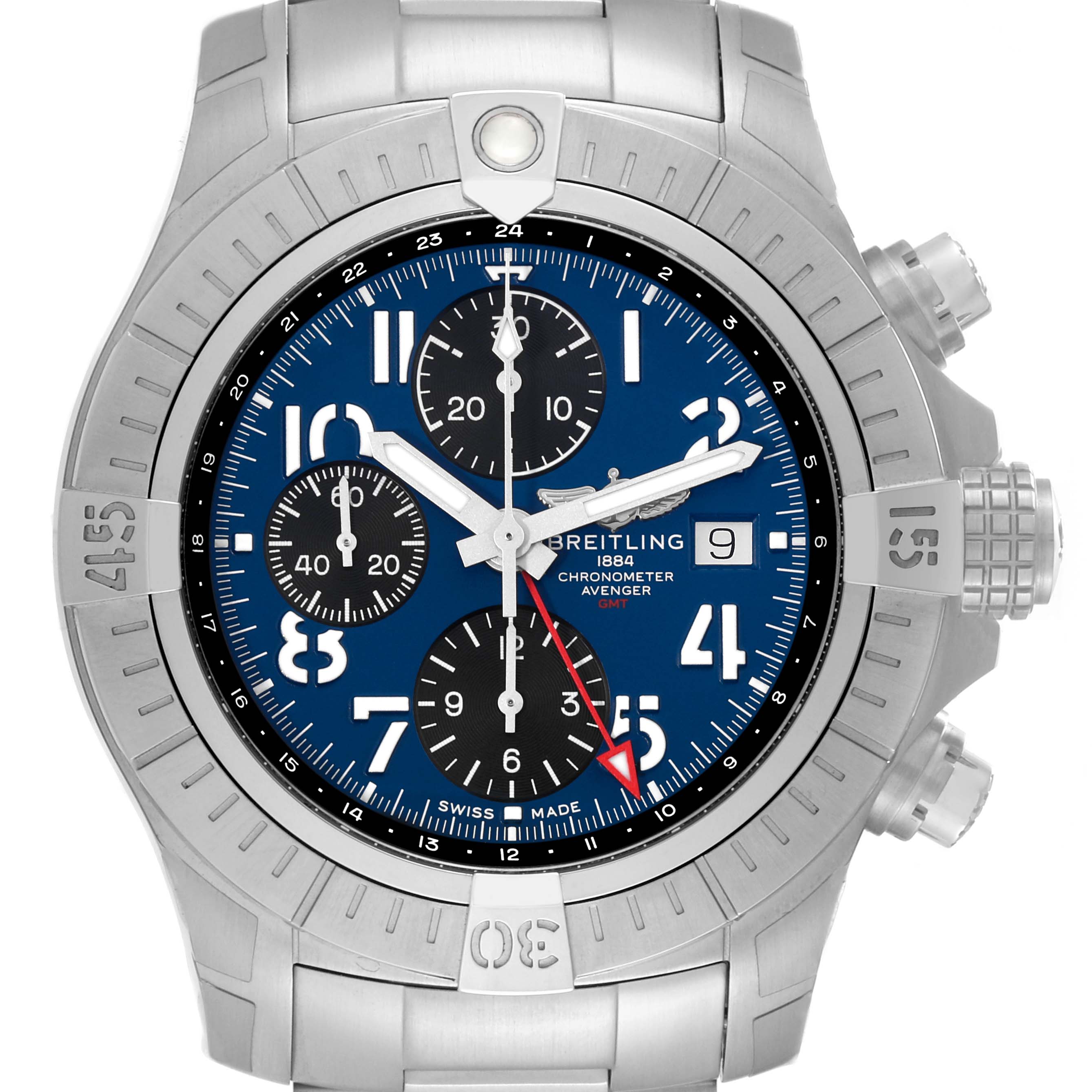 The Breitling Avenger A24315 Men's Stainless Steel Blue Dial A24315 Men's Stainless Steel Blue Dial model watch is shown from the front with a blue dial, three sub-dials, and a metal bracelet.