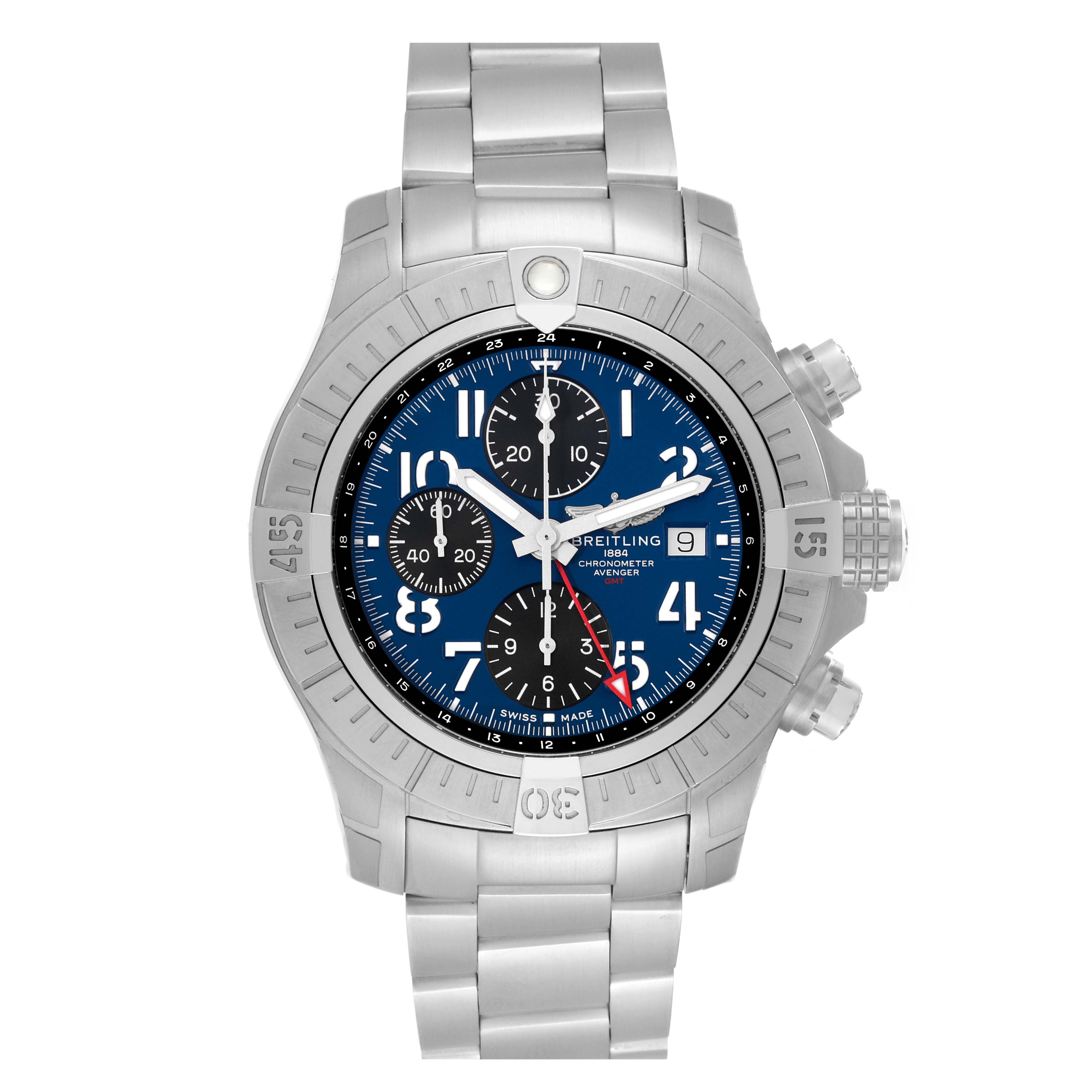 The Breitling Avenger A24315 Men's Stainless Steel Blue Dial A24315 Men's Stainless Steel Blue Dial watch is shown from a top-down angle, highlighting its full face, bezel, bracelet, and chronograph buttons.