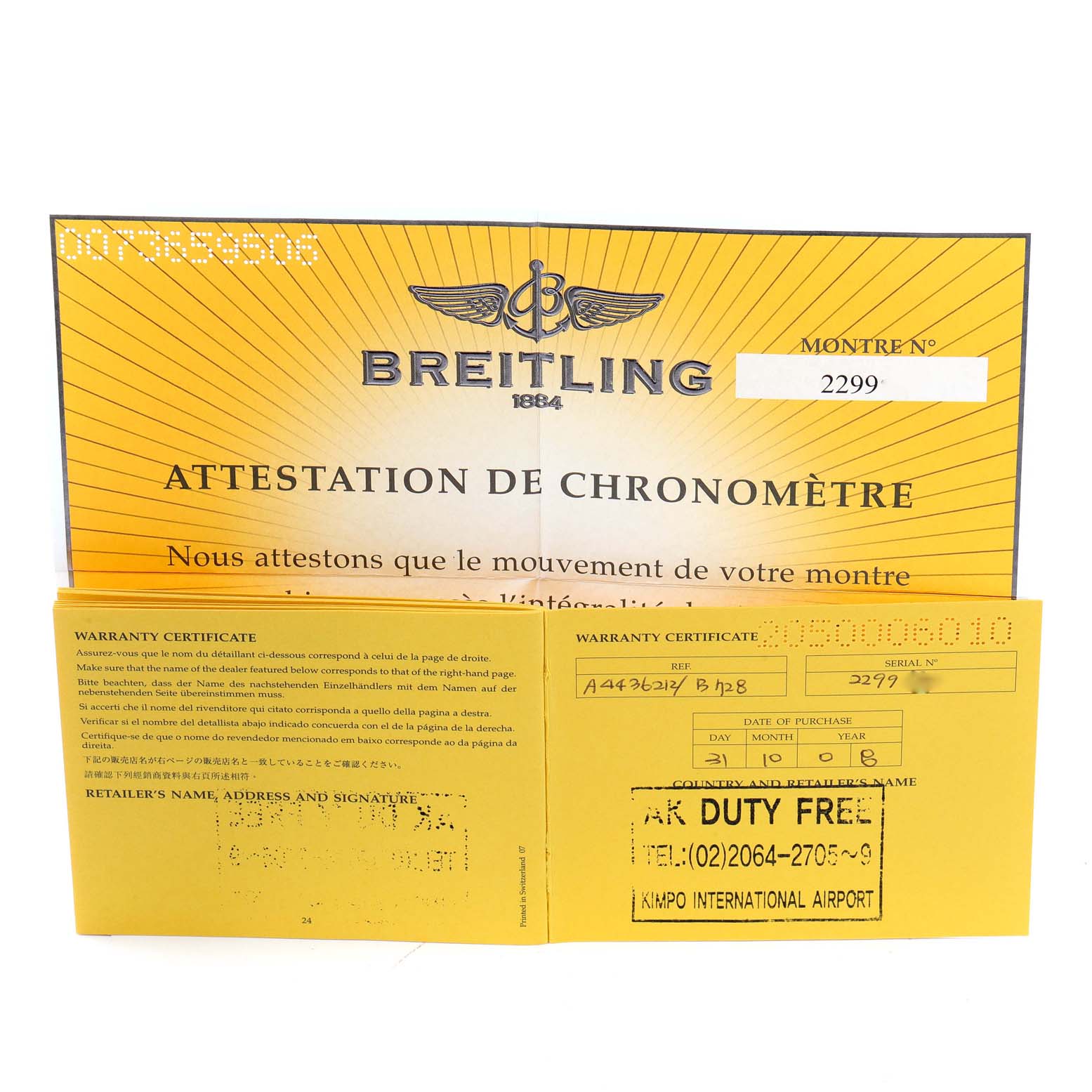 The image shows warranty and certification documents for the Breitling Bentley A44362 Men's Stainless Steel Black Dial A44362 Men's Stainless Steel Black Dial model.