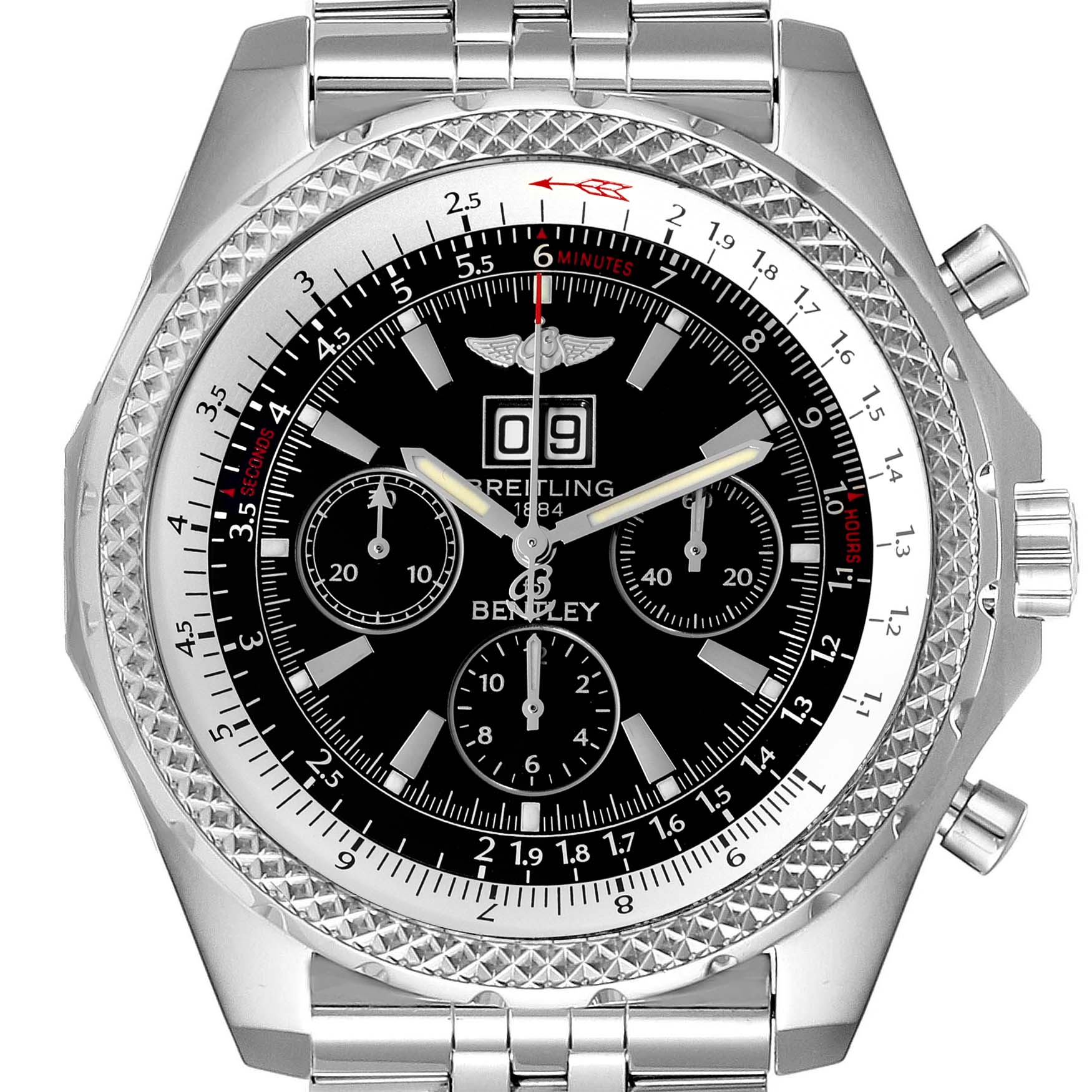 The image shows a frontal view of the Bentley model by Breitling, highlighting the watch face, bezel, and bracelet.
