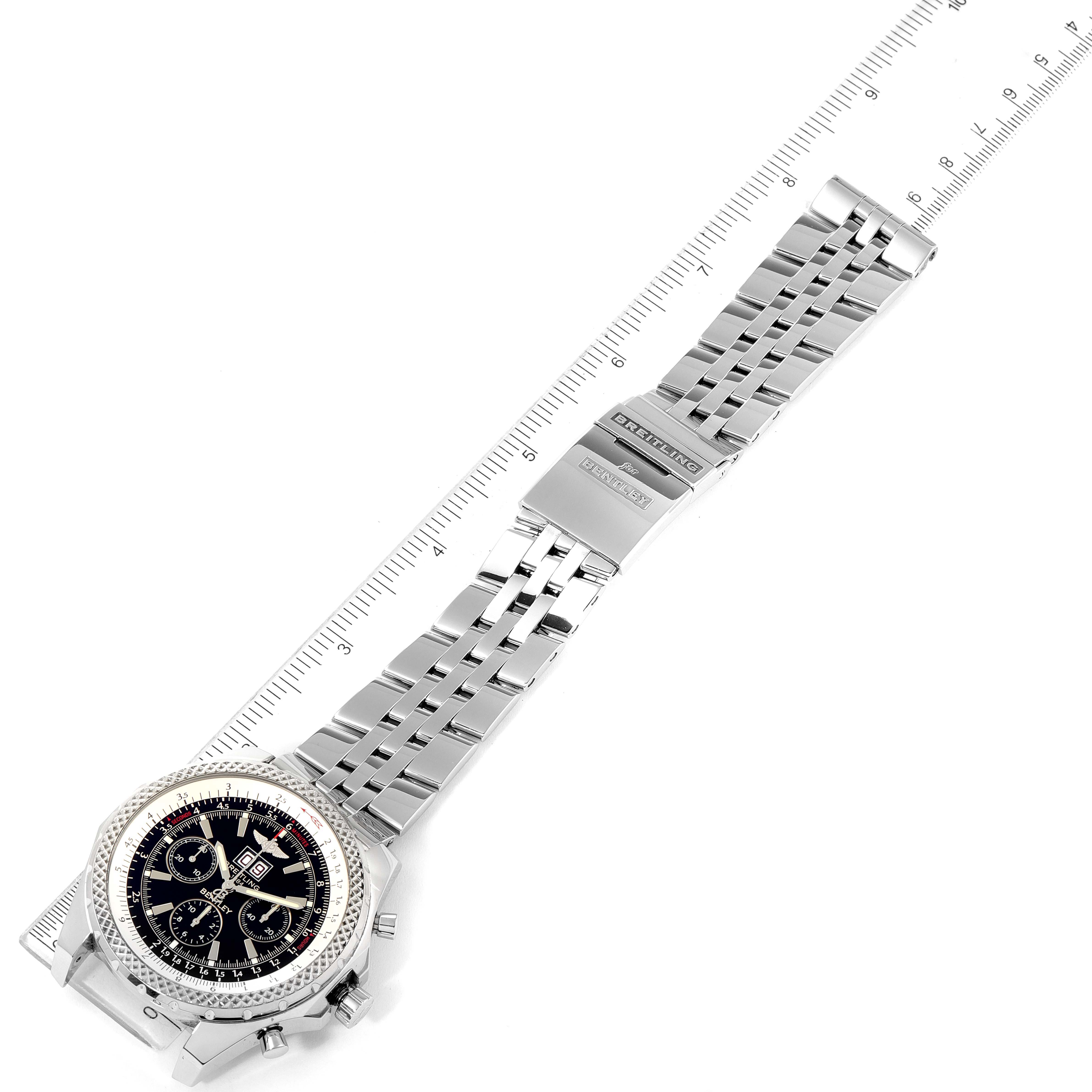 The image shows a Breitling Bentley A44362 Men's Stainless Steel Black Dial A44362 Men's Stainless Steel Black Dial model watch at a diagonal angle, highlighting the wristband and partially the face and clasp.