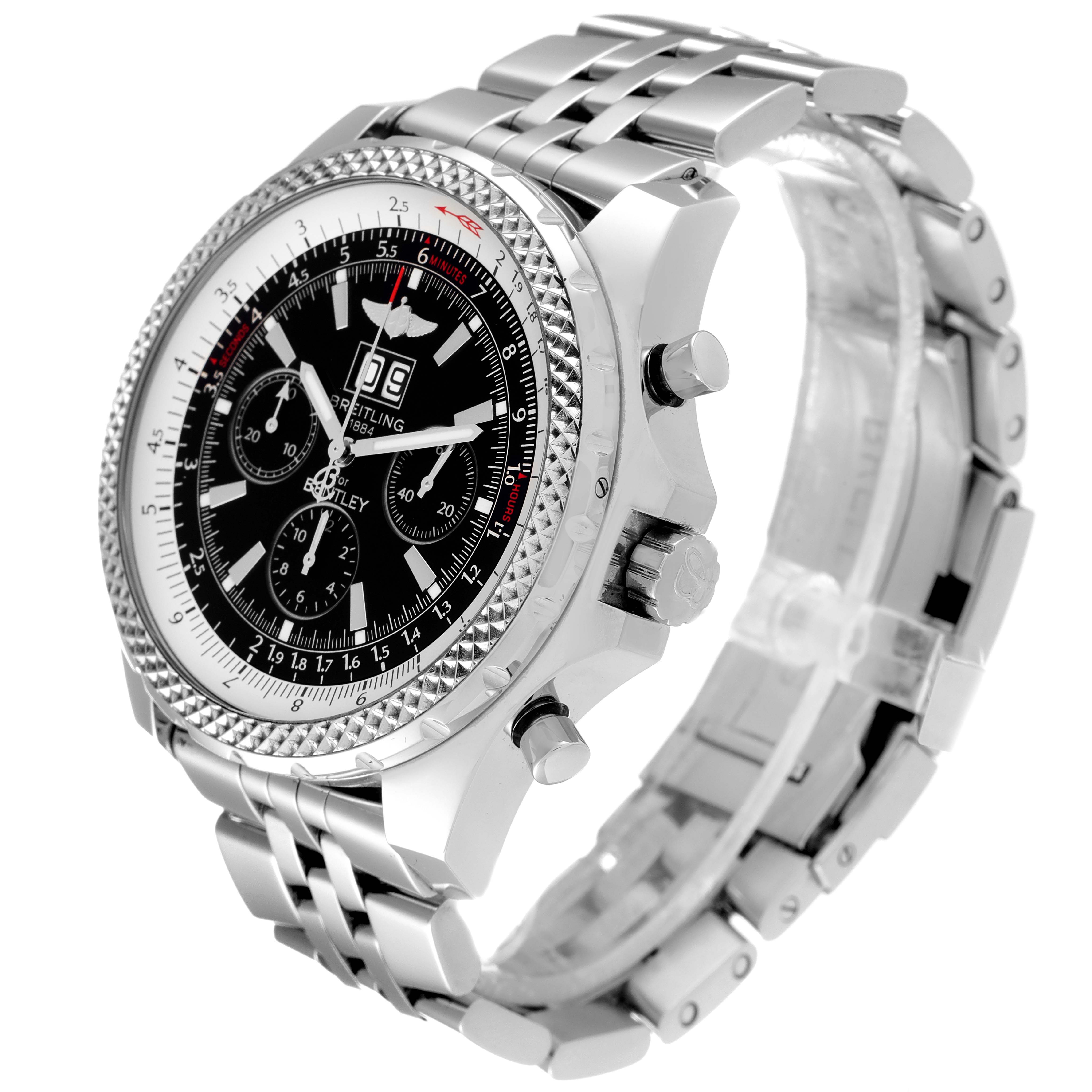 The Breitling Bentley A44362 Men's Stainless Steel Black Dial A44362 Men's Stainless Steel Black Dial watch is shown at an angle highlighting its face, bezel, crown, and a portion of the bracelet.