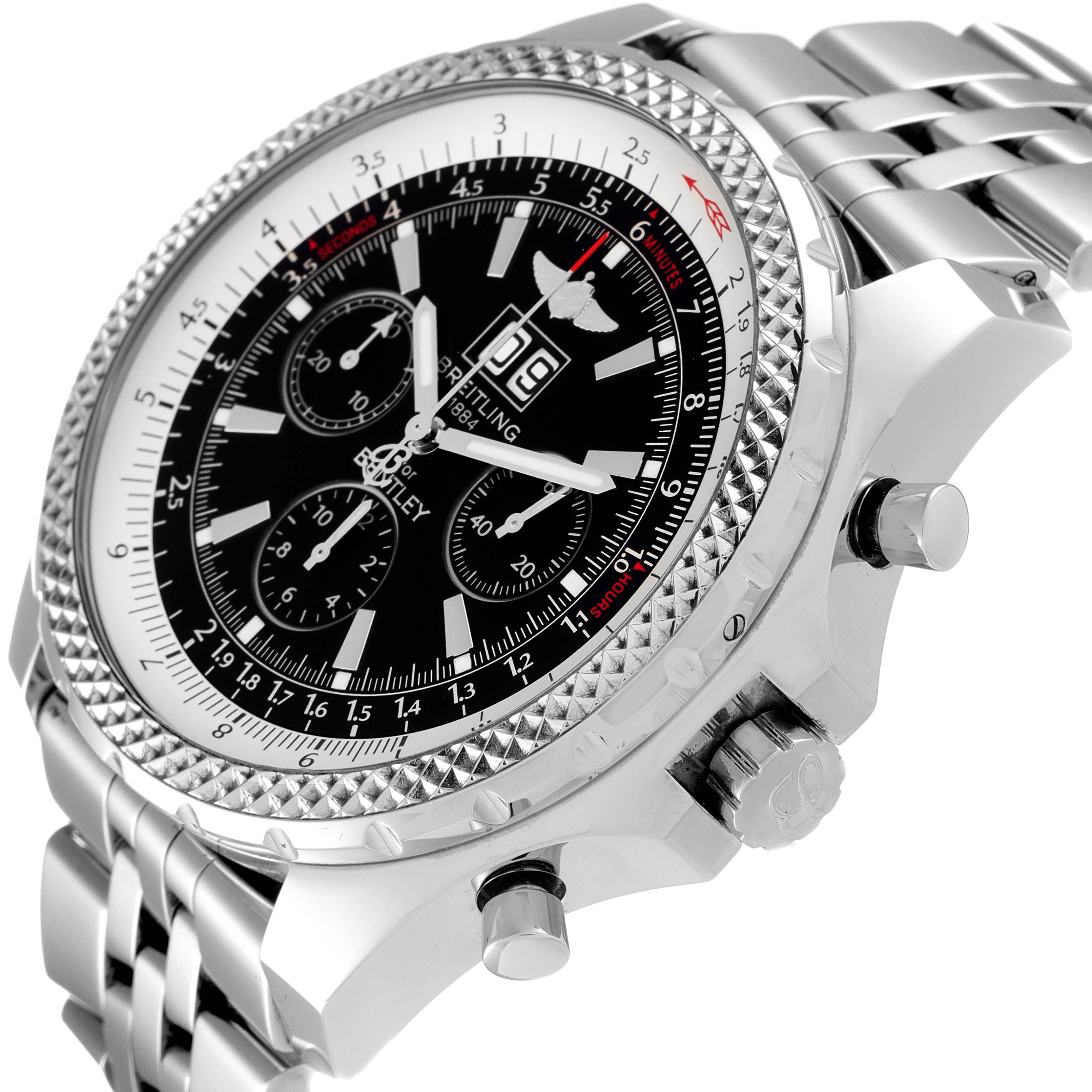The Breitling Bentley A44362 Men's Stainless Steel Black Dial A44362 Men's Stainless Steel Black Dial watch is shown at a slight angle, highlighting its face, bezel, and metal bracelet.