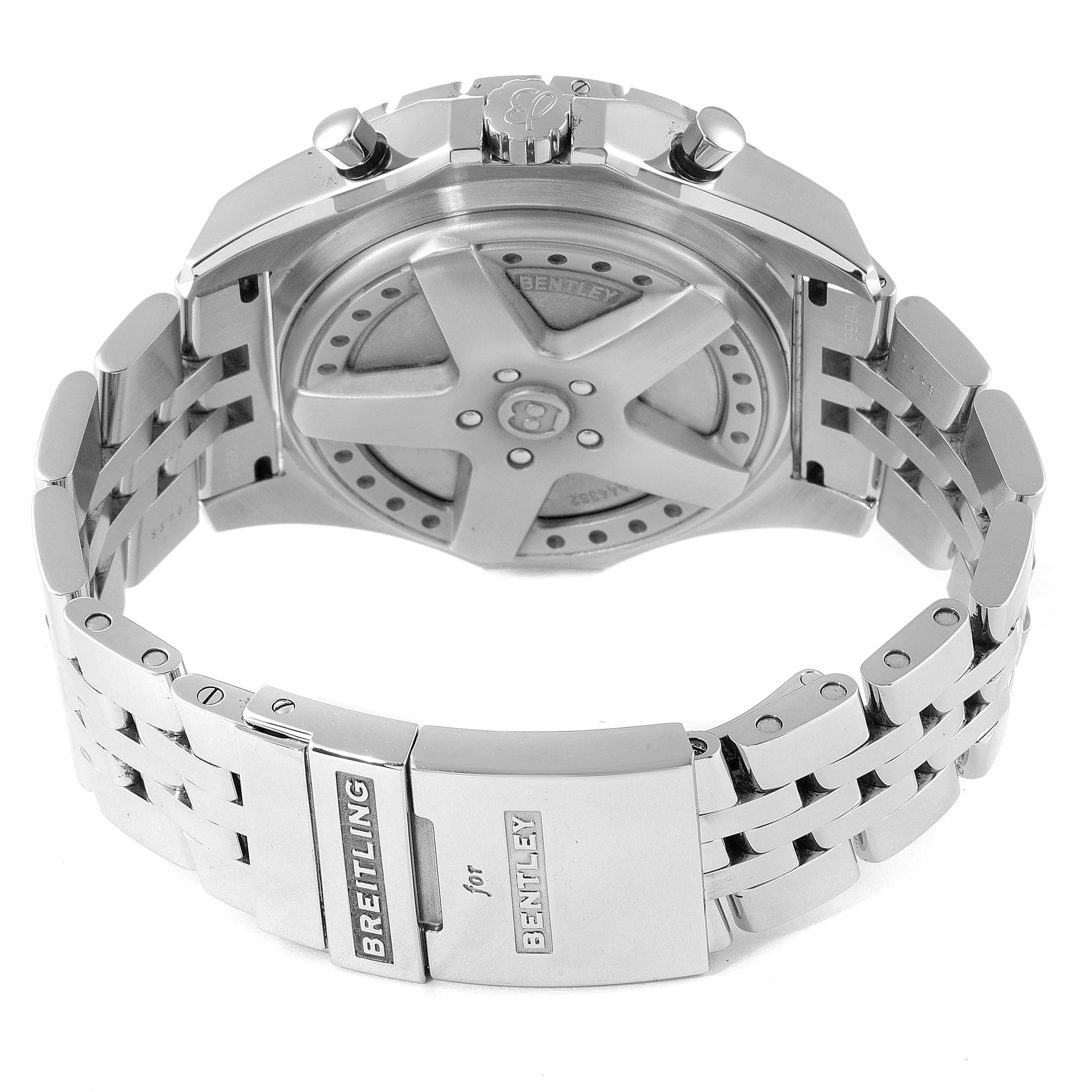 The image shows the back view of a Breitling Bentley A44362 Men's Stainless Steel Black Dial A44362 Men's Stainless Steel Black Dial watch, highlighting the case back and metal bracelet.