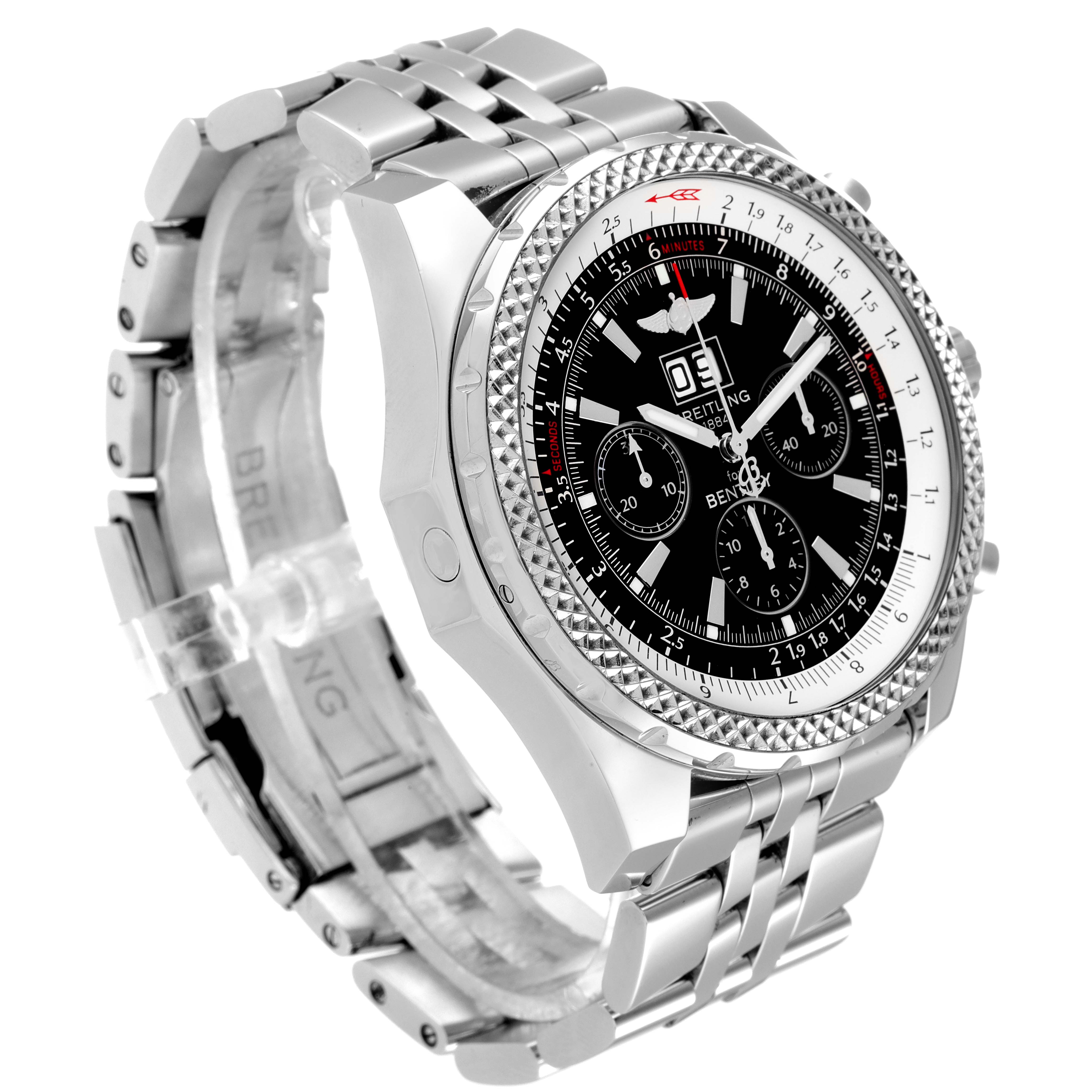 The image shows a side and angled view of the Bentley model watch by Breitling, highlighting its bracelet, case, and dial.