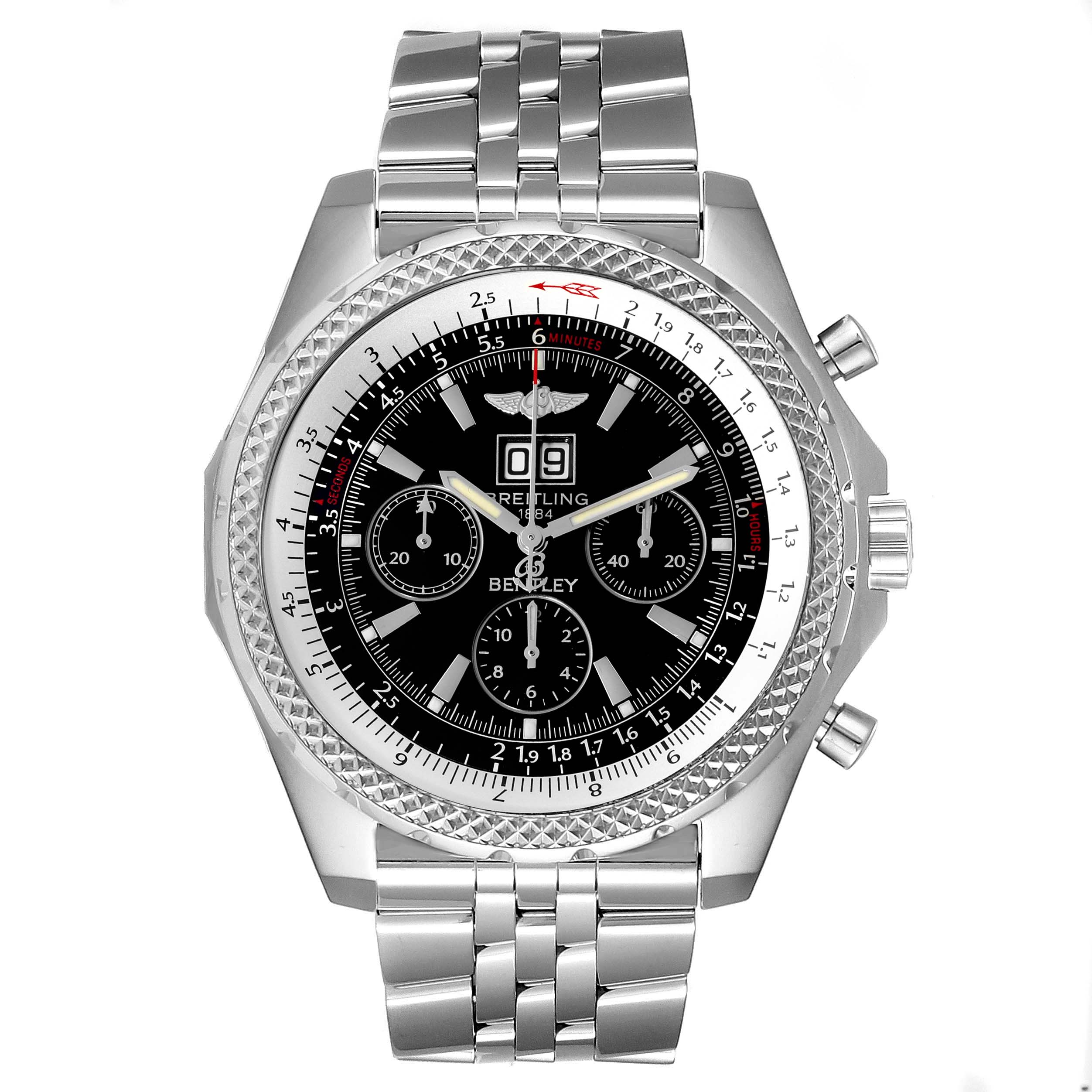 The image shows a front view of the Breitling Bentley A44362 Men's Stainless Steel Black Dial A44362 Men's Stainless Steel Black Dial model watch, displaying its dial, bezel, crown, and stainless steel bracelet.