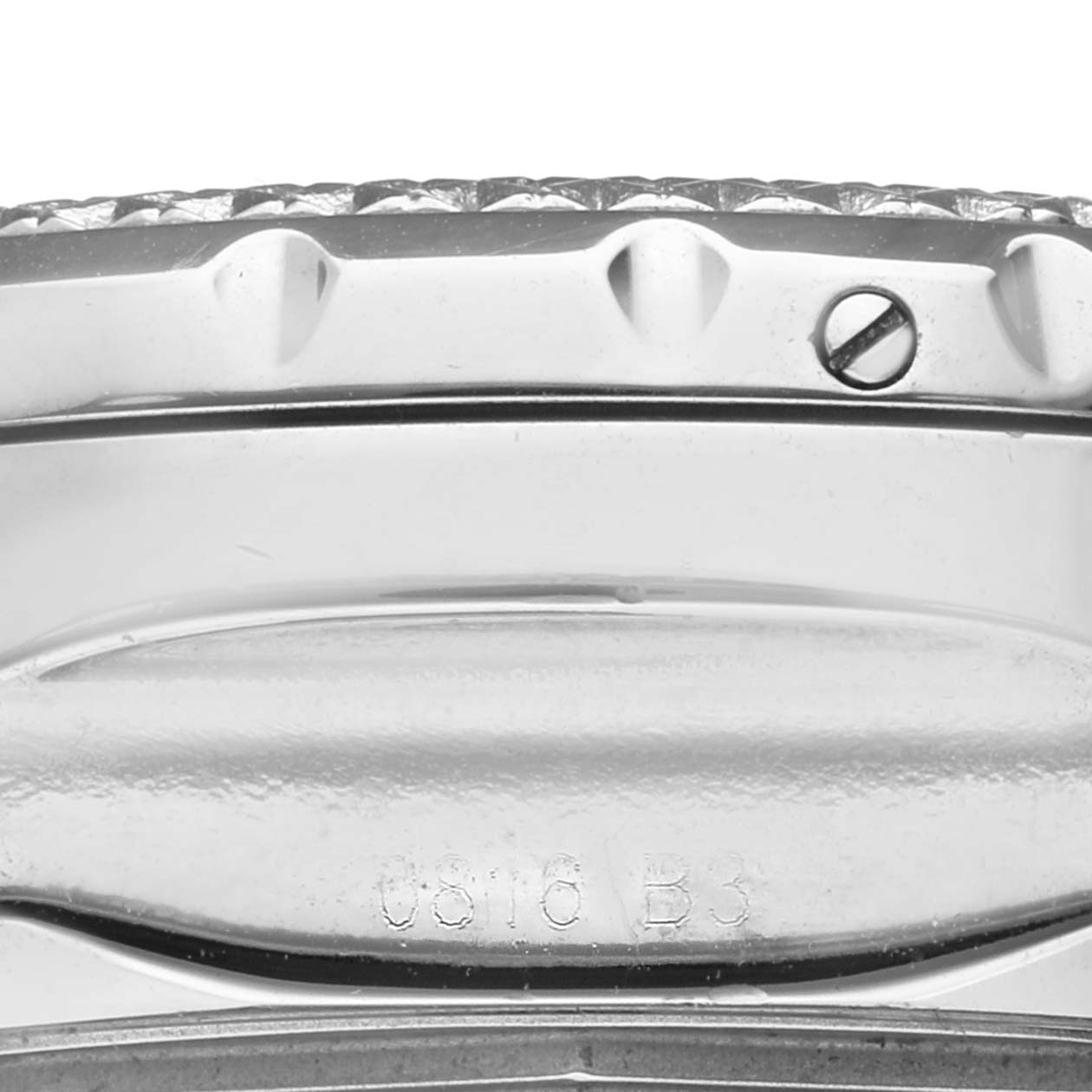 This image shows a close-up of the side edge of the case and bezel of a Breitling Bentley A13362 Men's Stainless Steel Mother of Pearl Dial A13362 Men's Stainless Steel Mother of Pearl Dial watch.