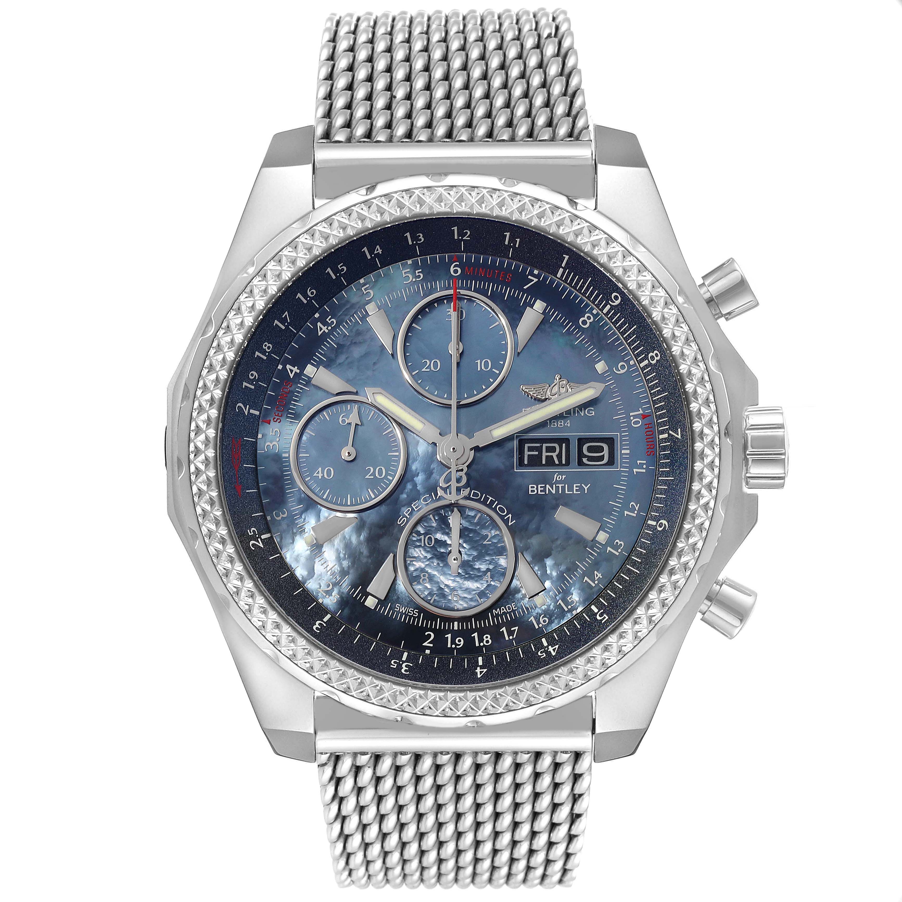 The image shows a Breitling Bentley A13362 Men's Stainless Steel Mother of Pearl Dial A13362 Men's Stainless Steel Mother of Pearl Dial model watch from a frontal angle, highlighting the dial, bezel, case, strap, and side pushers.