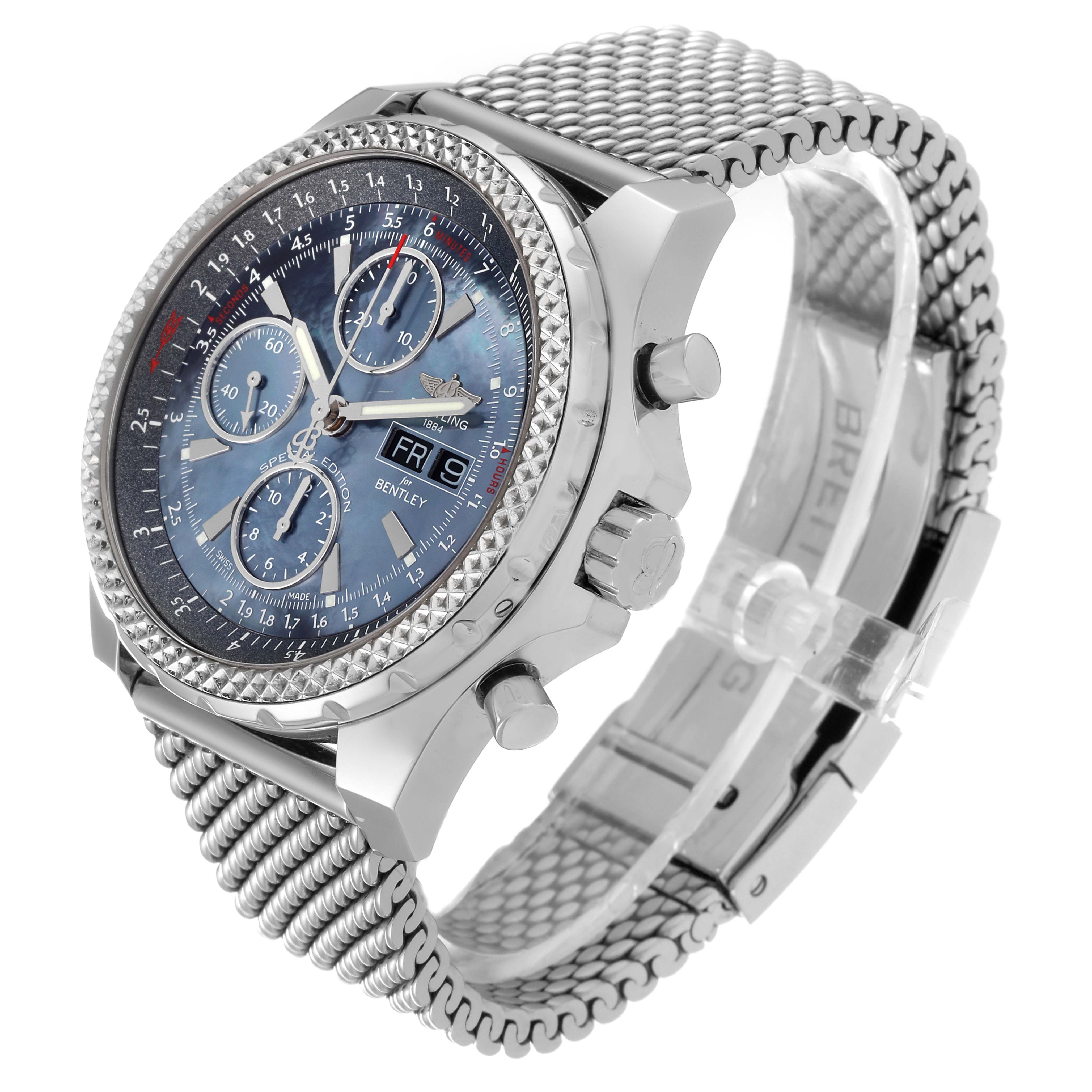 The image shows a Bentley model by Breitling with a close-up angle highlighting the watch face, bezel, crown, and metal mesh bracelet.