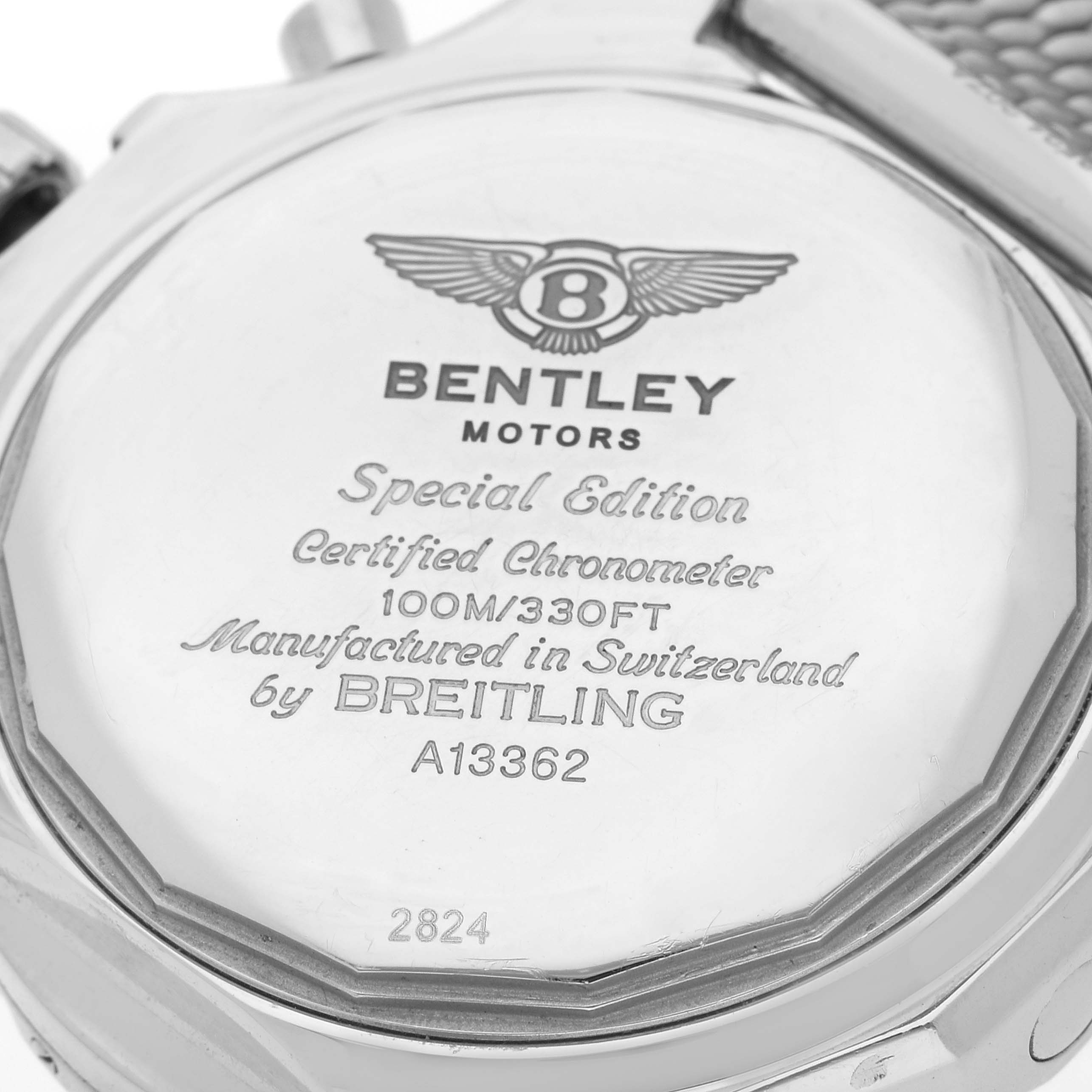 The image shows the back of the Bentley model watch by Breitling, highlighting its branding and model details.
