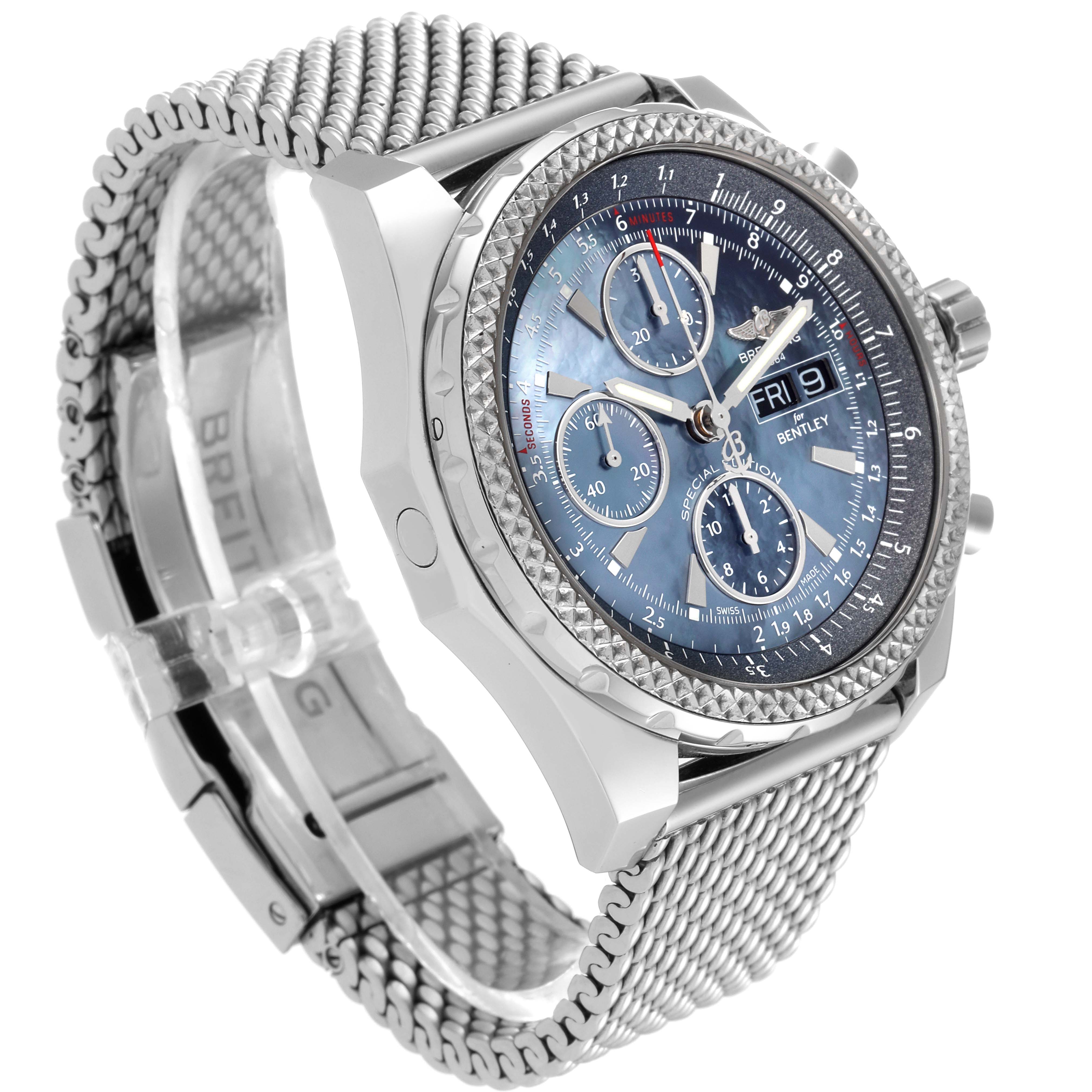 The image shows a side-angle view of the Breitling Bentley A13362 Men's Stainless Steel Mother of Pearl Dial A13362 Men's Stainless Steel Mother of Pearl Dial watch, including the face, bezel, chronograph dials, and metal strap.