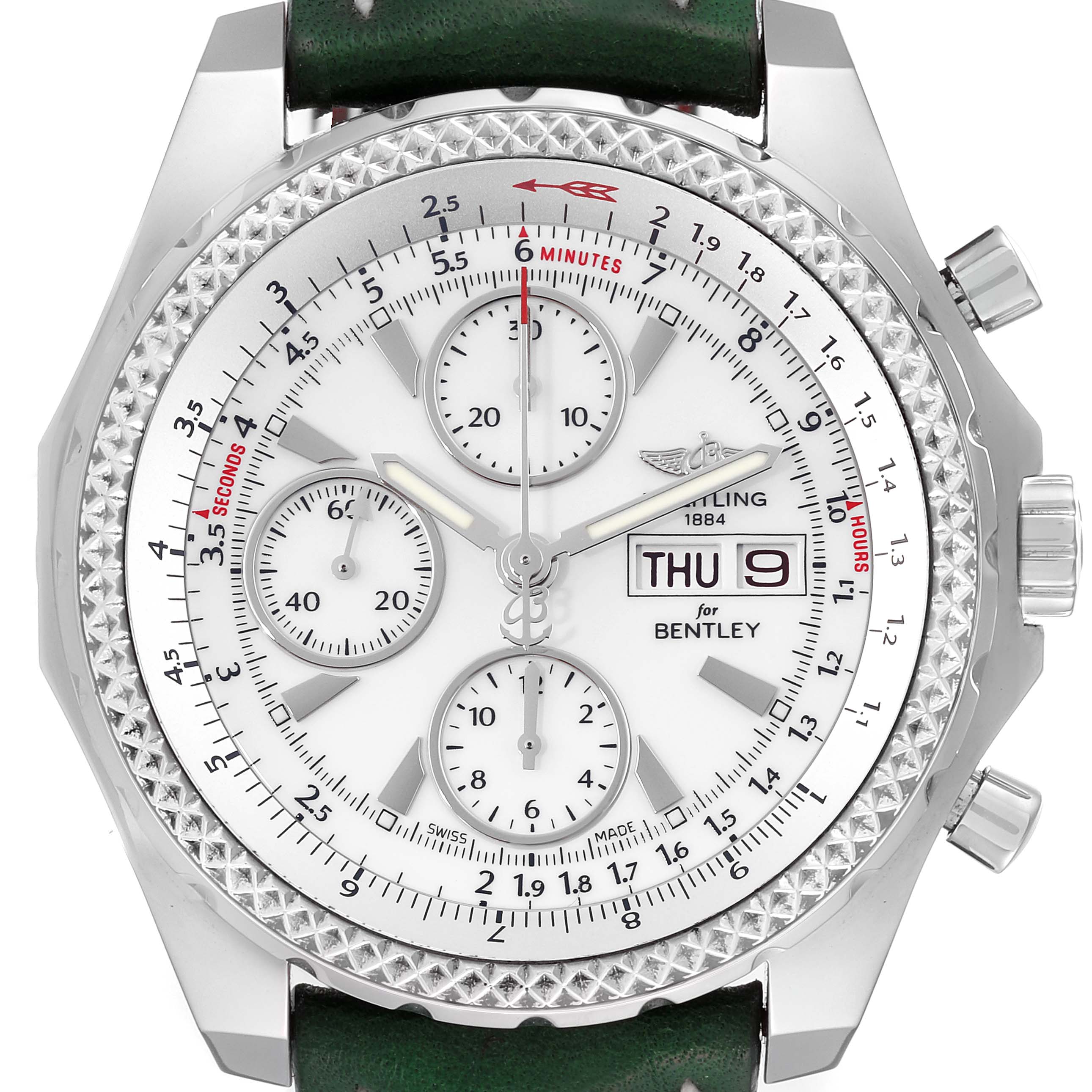 The image shows a front view of the Breitling Bentley A1336212/A726 Men's Stainless Steel White Dial A1336212/A726 Men's Stainless Steel White Dial model watch, highlighting its dial, chronograph sub-dials, and crown.