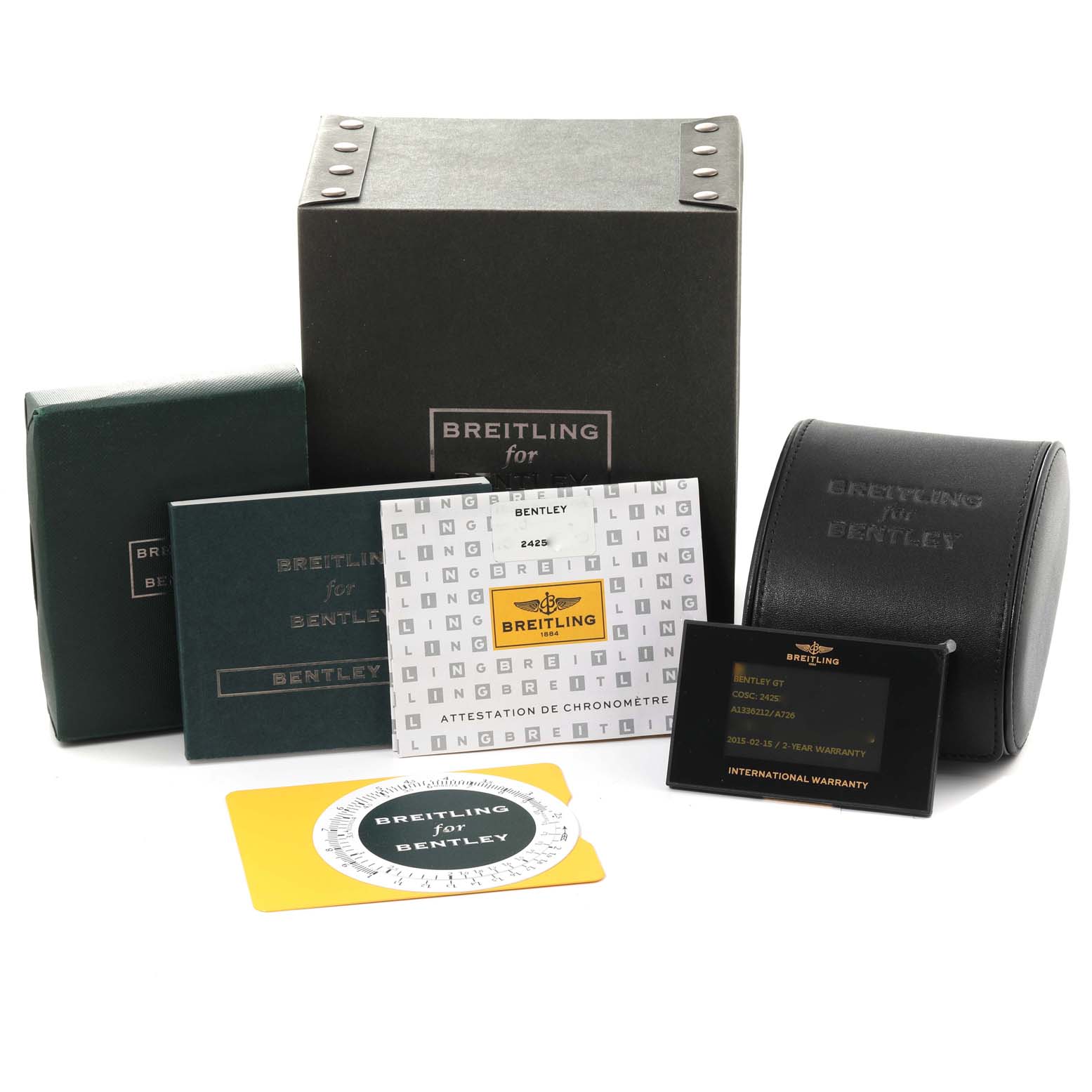 The image shows the Breitling Bentley A1336212/A726 Men's Stainless Steel White Dial A1336212/A726 Men's Stainless Steel White Dial model packaging, including boxes, documents, and an international warranty card.