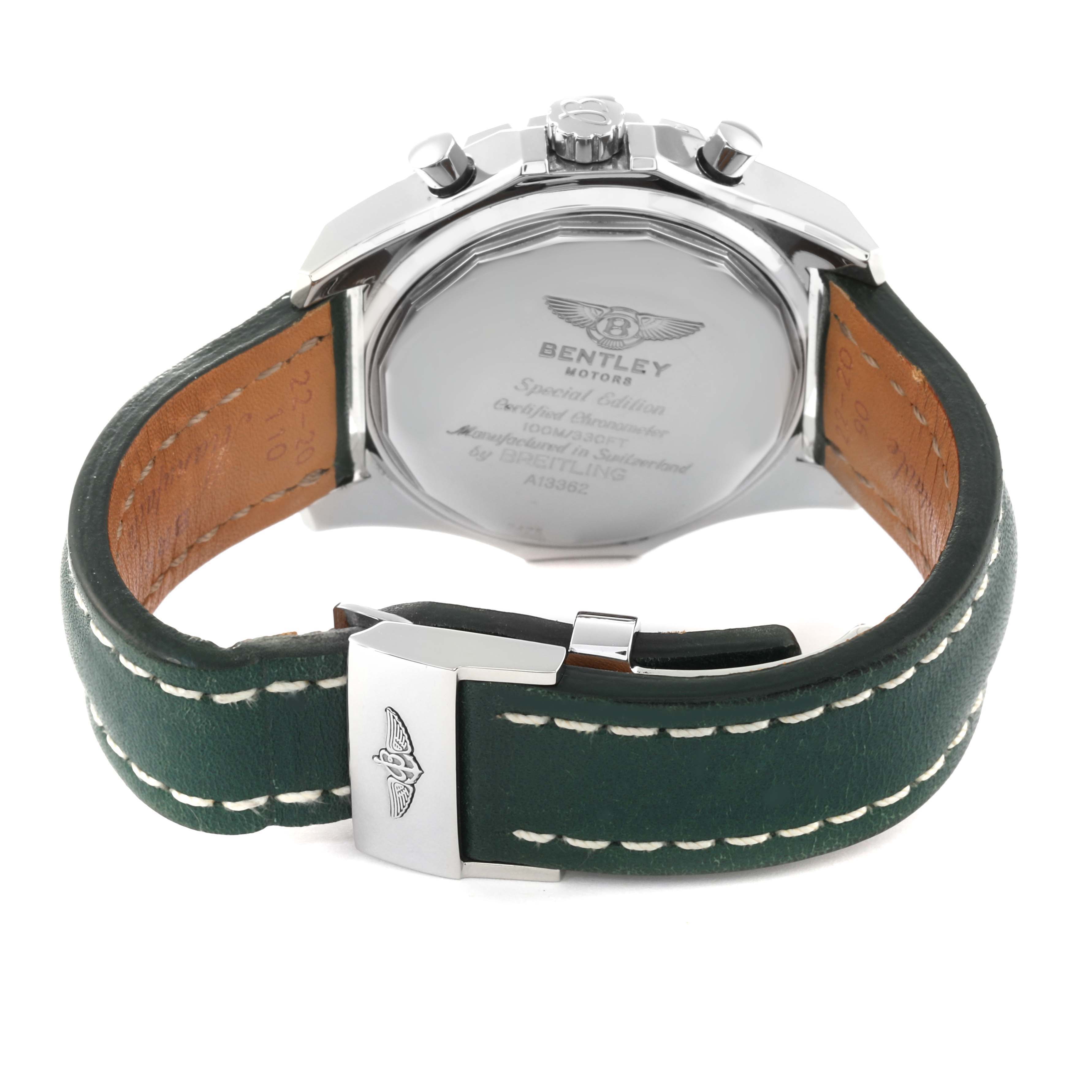 This image shows the back view of a Breitling Bentley A1336212/A726 Men's Stainless Steel White Dial A1336212/A726 Men's Stainless Steel White Dial watch including the case back and green leather strap.