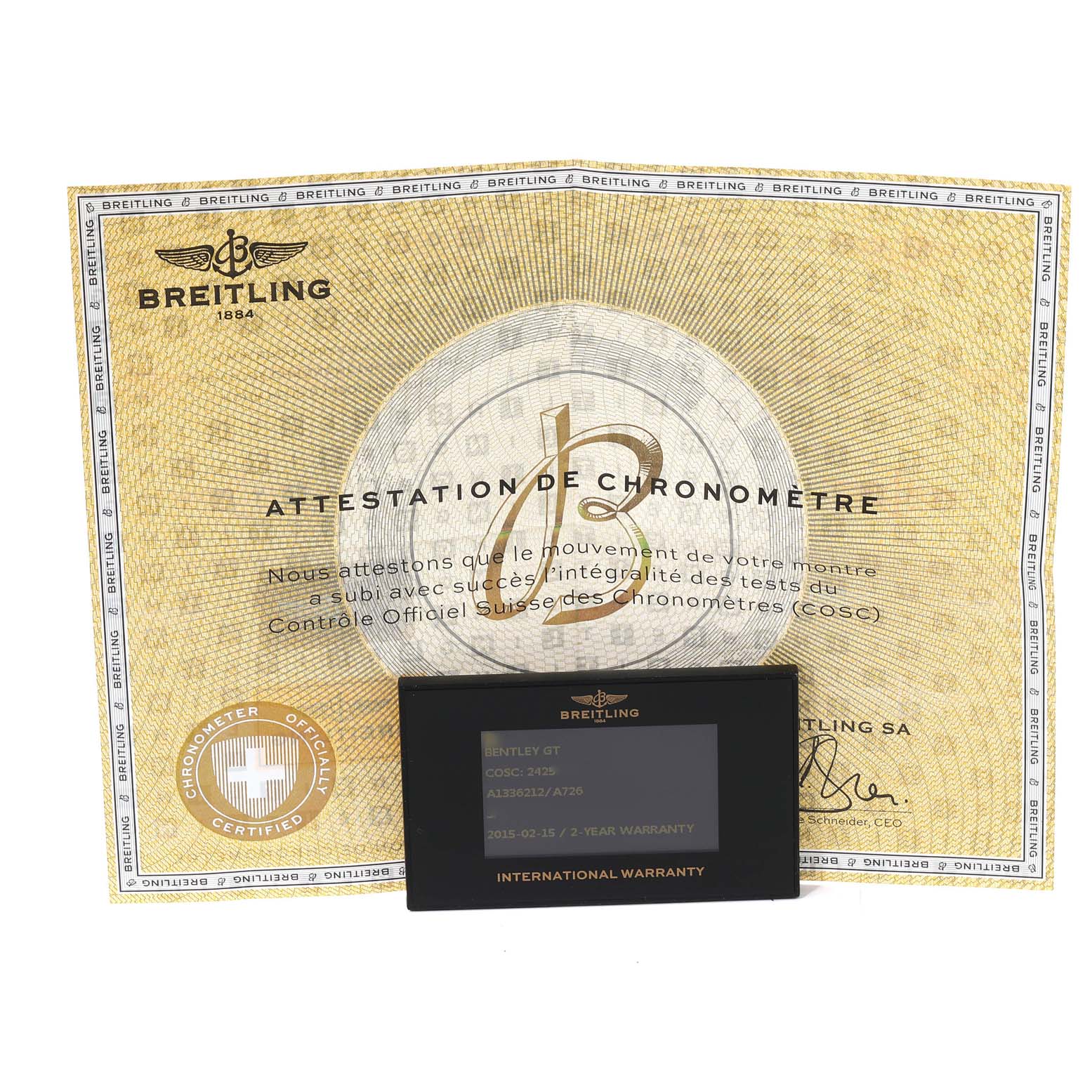 The image shows the warranty card and chronometer certification for the Breitling Bentley A1336212/A726 Men's Stainless Steel White Dial A1336212/A726 Men's Stainless Steel White Dial model watch.
