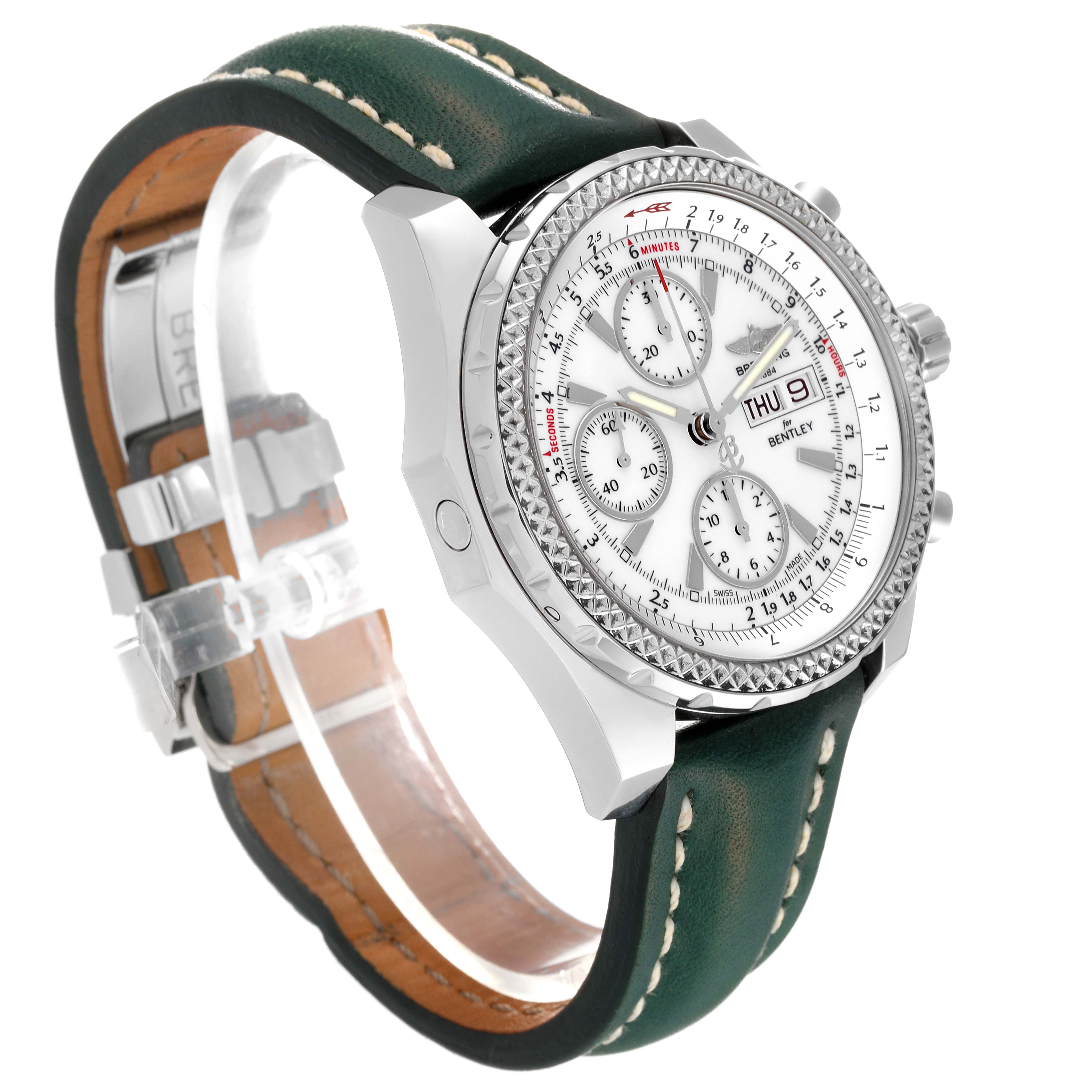 The image shows a side view of a Breitling Bentley A1336212/A726 Men's Stainless Steel White Dial A1336212/A726 Men's Stainless Steel White Dial watch, displaying the dial, bezel, crown, and leather strap with stitching.