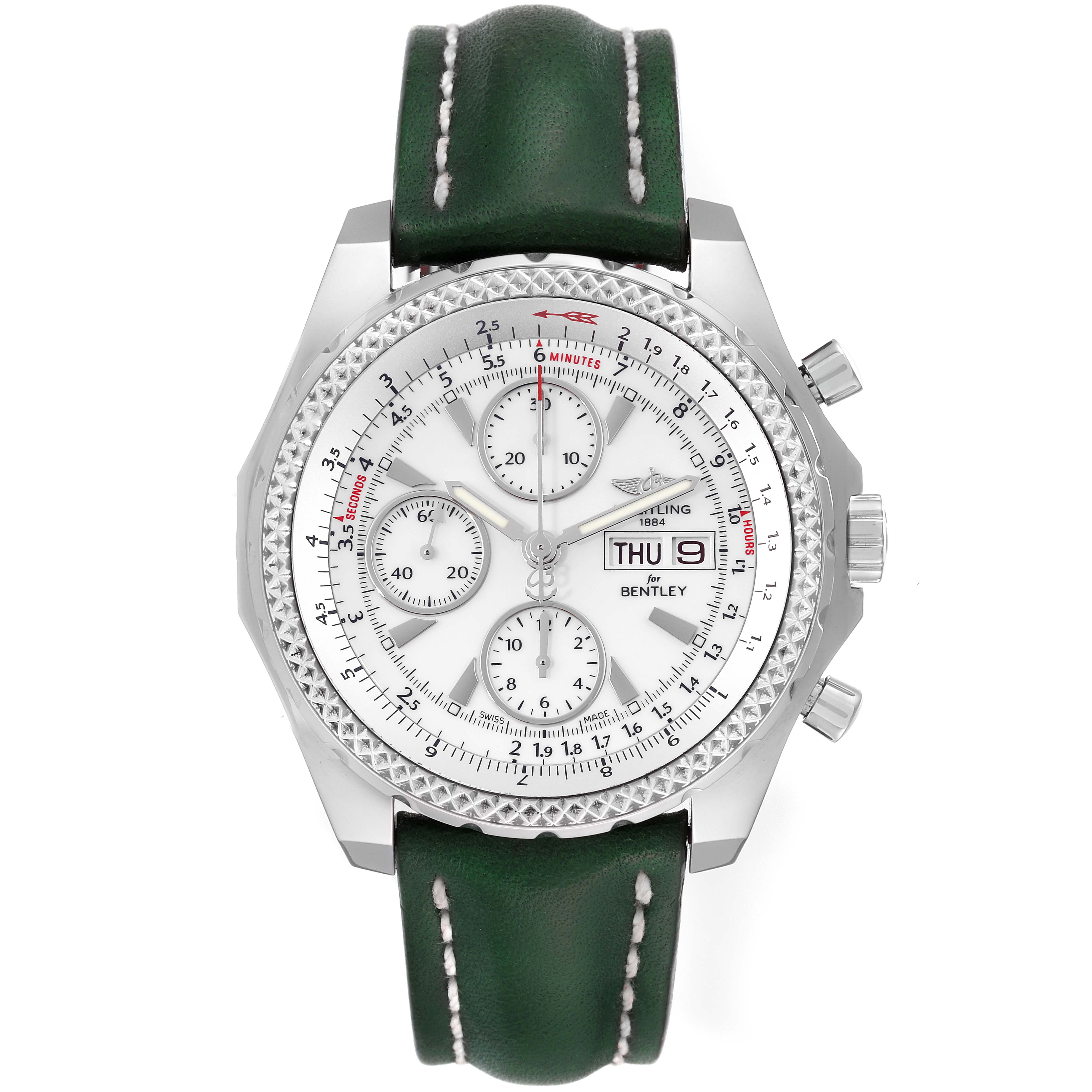 The image shows a front view of a Bentley model by Breitling with a green leather strap and white dial featuring multiple sub-dials.