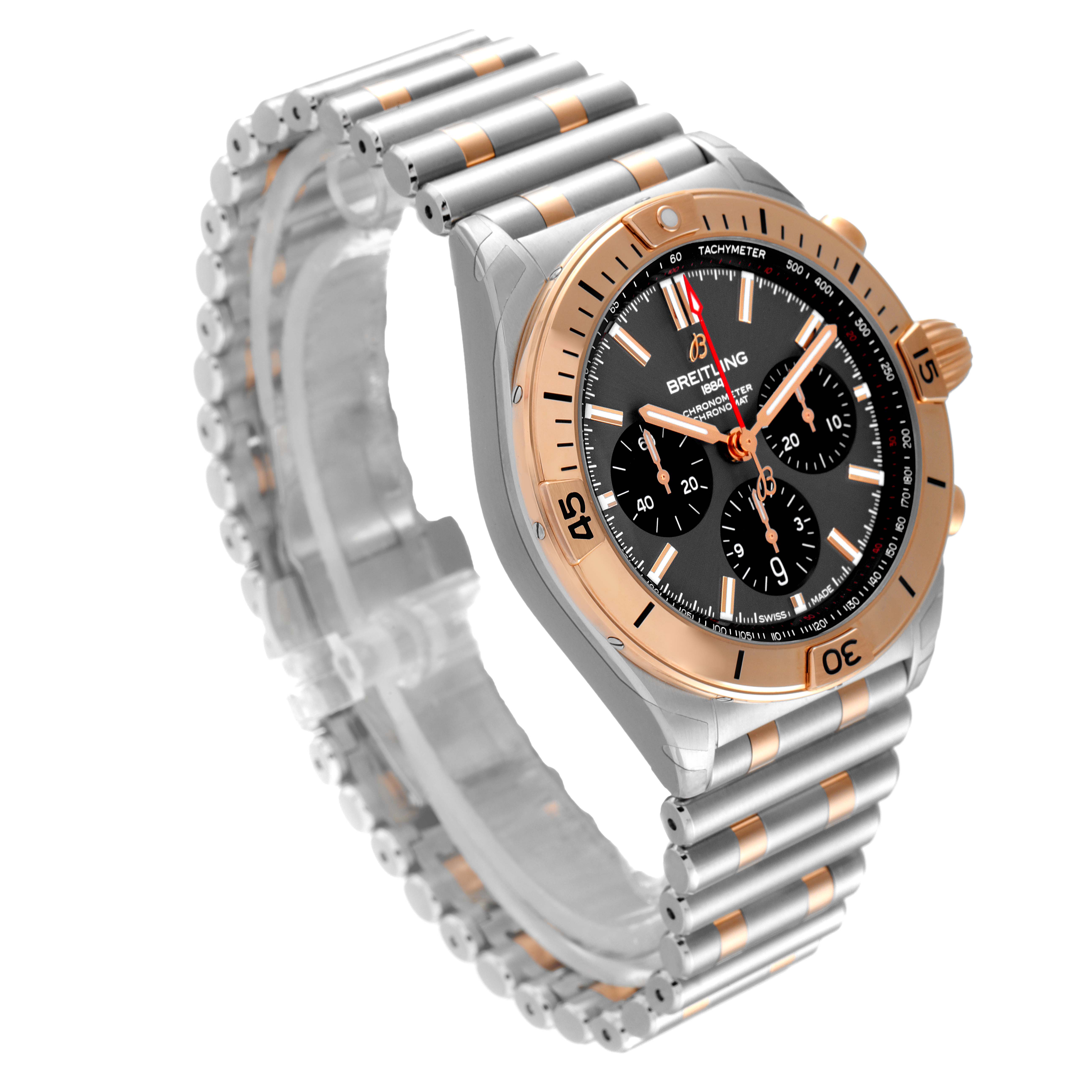 This image shows a Breitling Chronomat UB0134101C1U1 Men's Steel and Gold (two tone) Grey Dial UB0134101C1U1 Men's Steel and Gold (two tone) Grey Dial watch at a top-front angle, displaying the face, bezel, and metal bracelet.